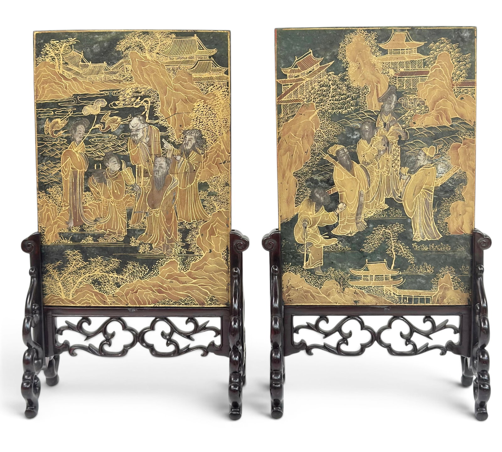 Pr. Chinese Jade Painted Companion Table Screens.: The tabletop screens are composed of handpainted rectangular spinach jade plaques, which together depict 10 immortals, pagodas, birds, foliage, and rocky landscapes. The back of the plaques depict bir