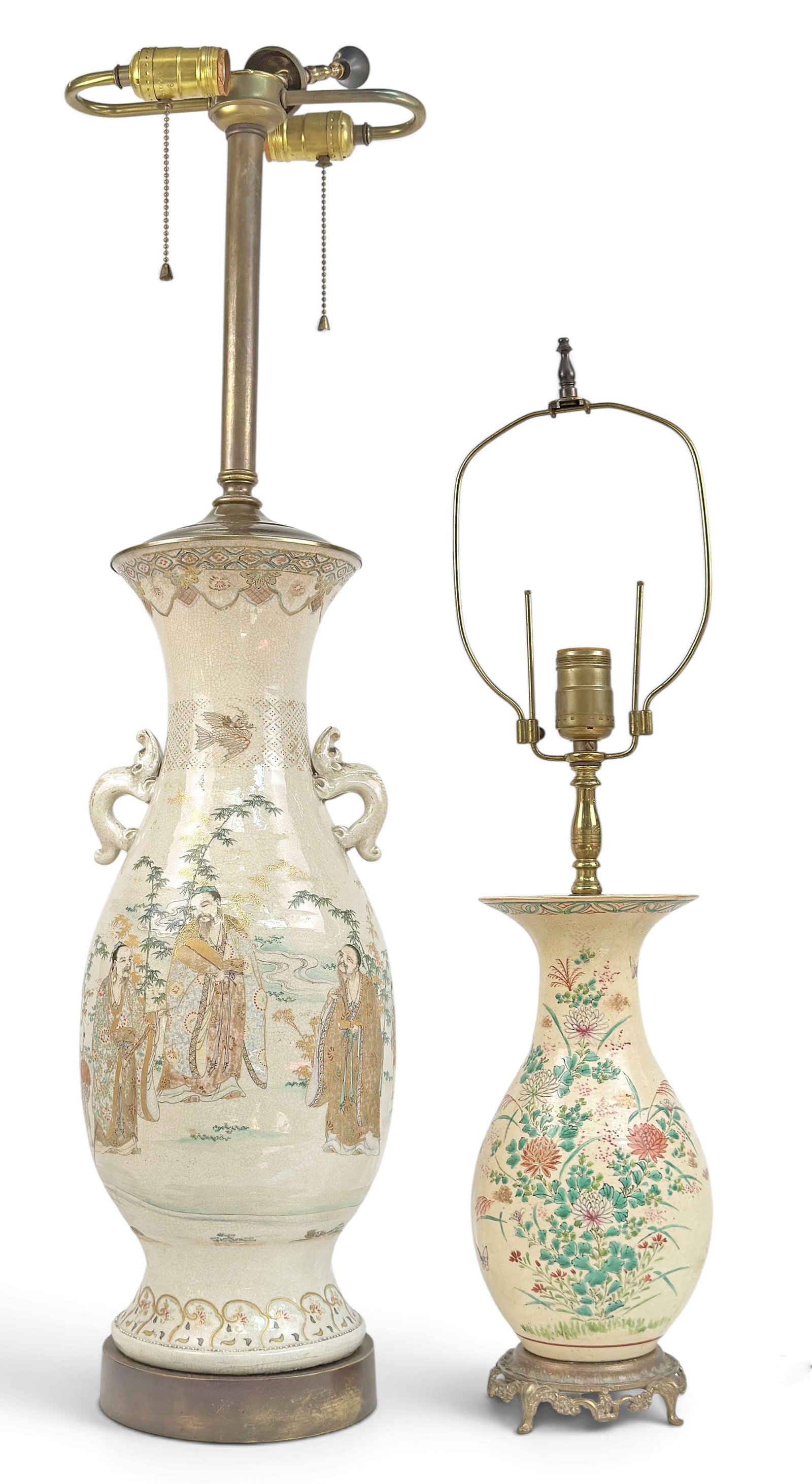 2 Antique Japanese Satsuma Porcelain Lamps.: The lamps have brass bases. The largest, which depicts figural scenes with gilded details, measures 37" tall and 7 1/2" in diameter. The smaller lamp, which features flowering foliage, measures 26 1/2