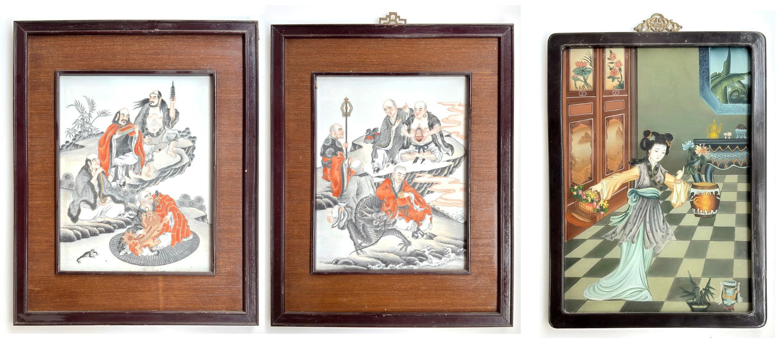 Chinese Art - 2 Porcelain Plaques & Reverse Glass.: The lot contains 3 pieces of vintage Chinese art. There are two companion pieces of handpainted porcelain plaques depicting a group of male Luohan figures, and a reverse painted glass painting depicti