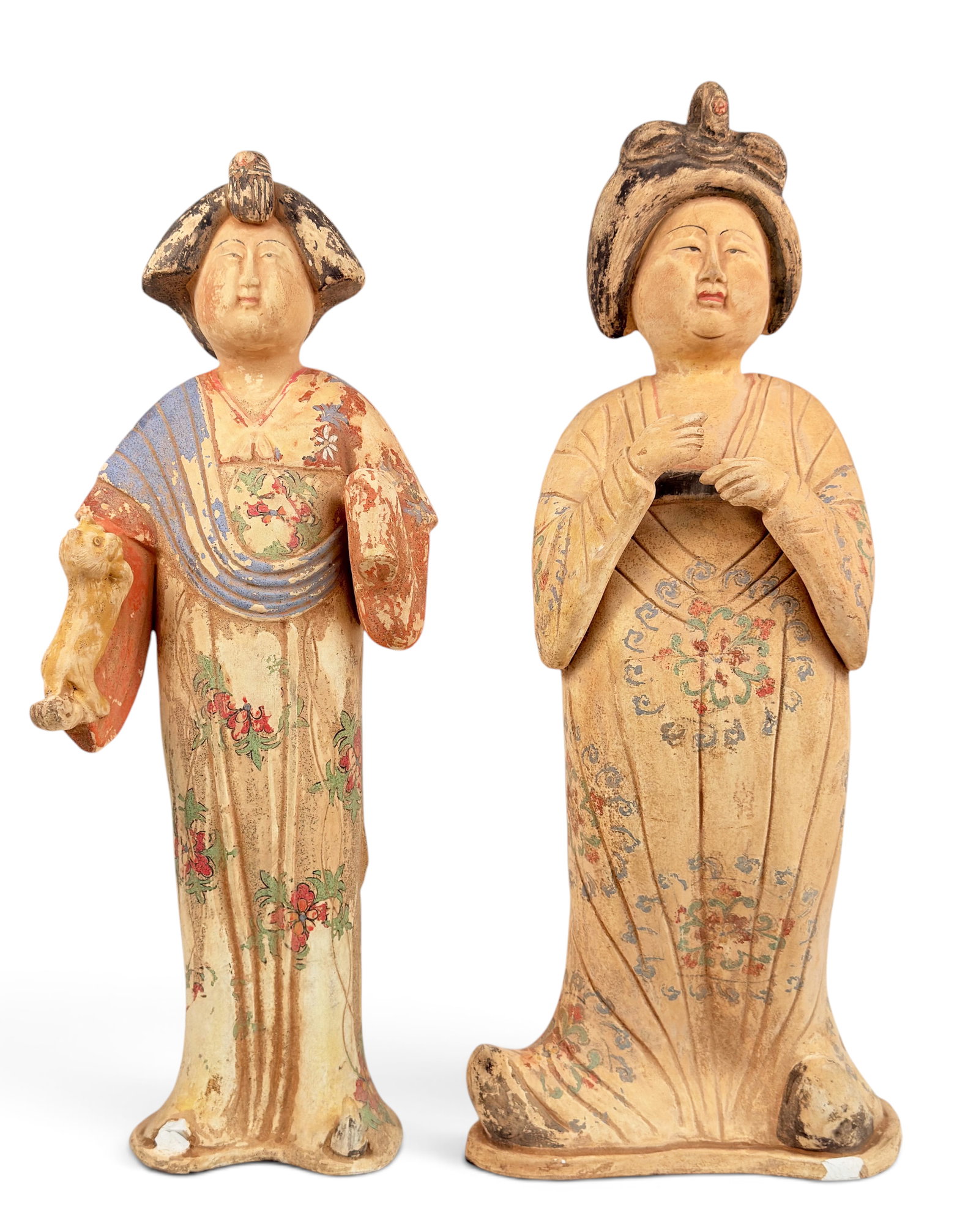 20 C Tang Dynasty Style Sancai Terracotta Figures: The lot contains 2 Chinese Sancai "court woman" figures. The tallest figure measures 24 1/2" tall, 9 1/4" wide, and 7" deep. The figure holding a cat has a chip at the foot, and the other figure has a