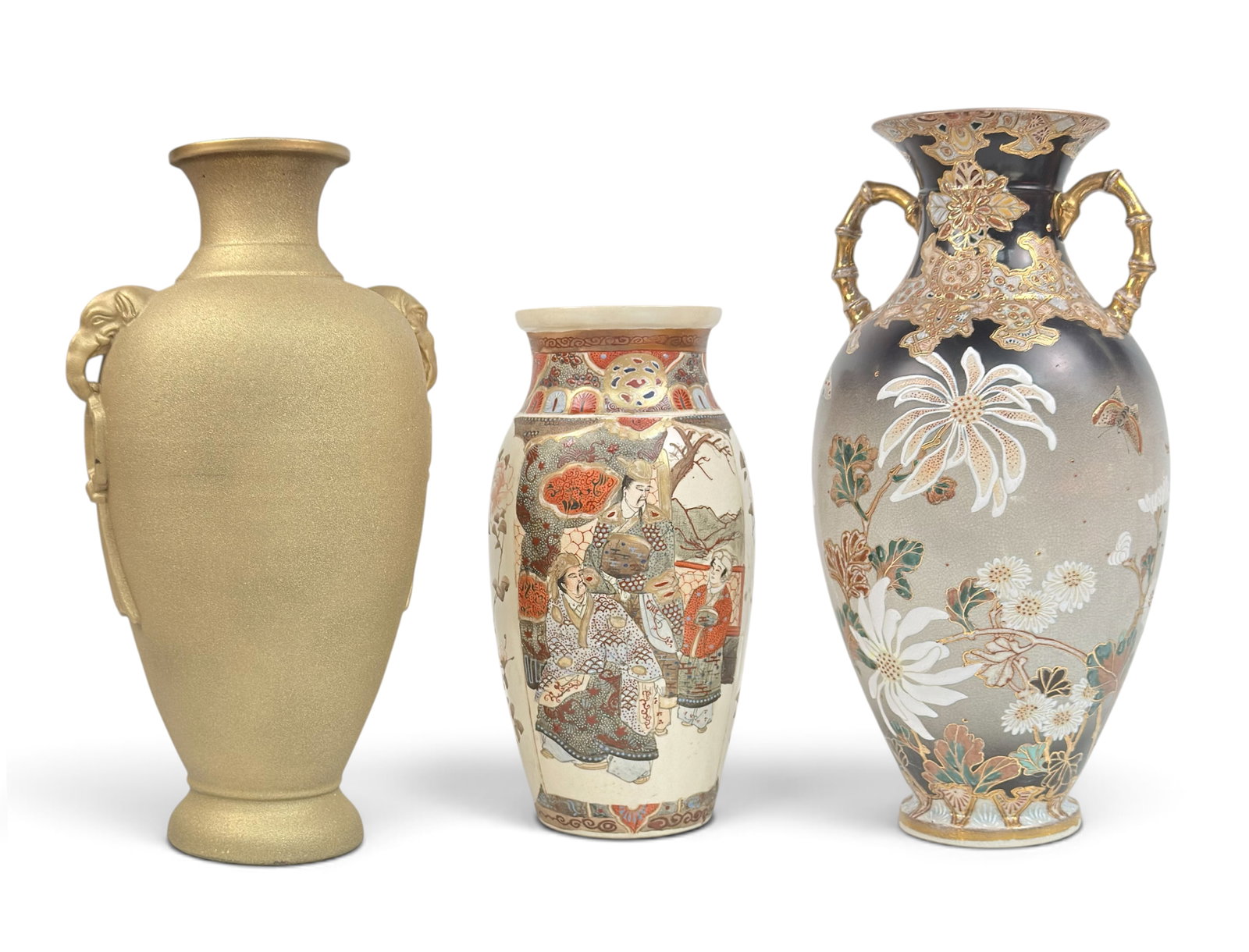 Lot of 3 Japanese Vases - Satsuma, etc.: The lot contains 3 ceramic vases, including porcelain. There is a Satsuma style piece with handpainted figures, a tall urn-style piece with 2 bamboo-style handles and butterfly, flower, and foliage de