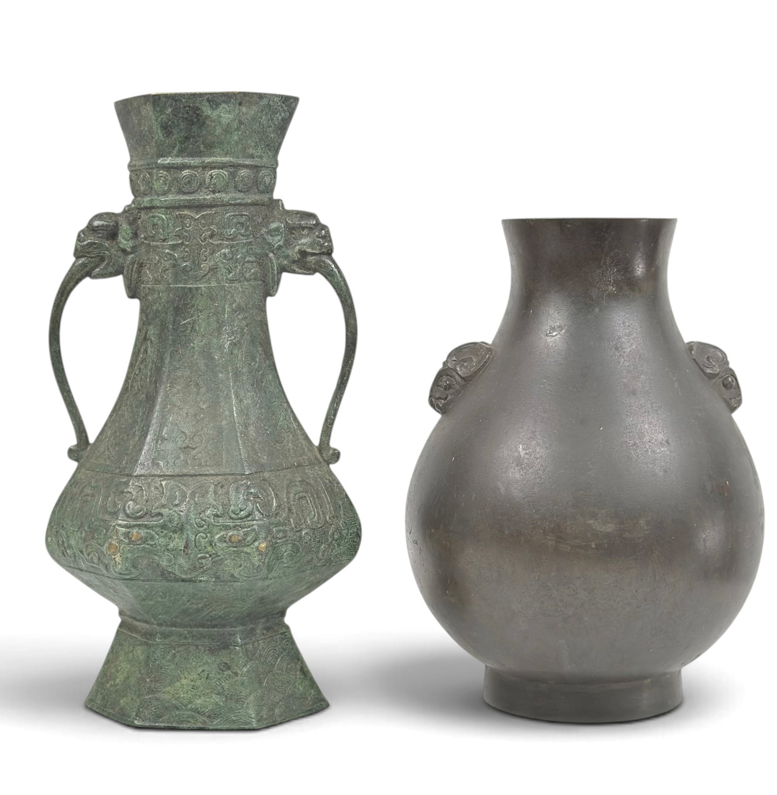 Lot of 2 Asian Vases - Brass & Japanese Bronze.: Both pieces are signed on the undersides. The green patinated bronze urn-style vase is Chinese archaistic style. It measures 12 7/8" tall. The other piece, which has 2 small beast or foo dog face hand
