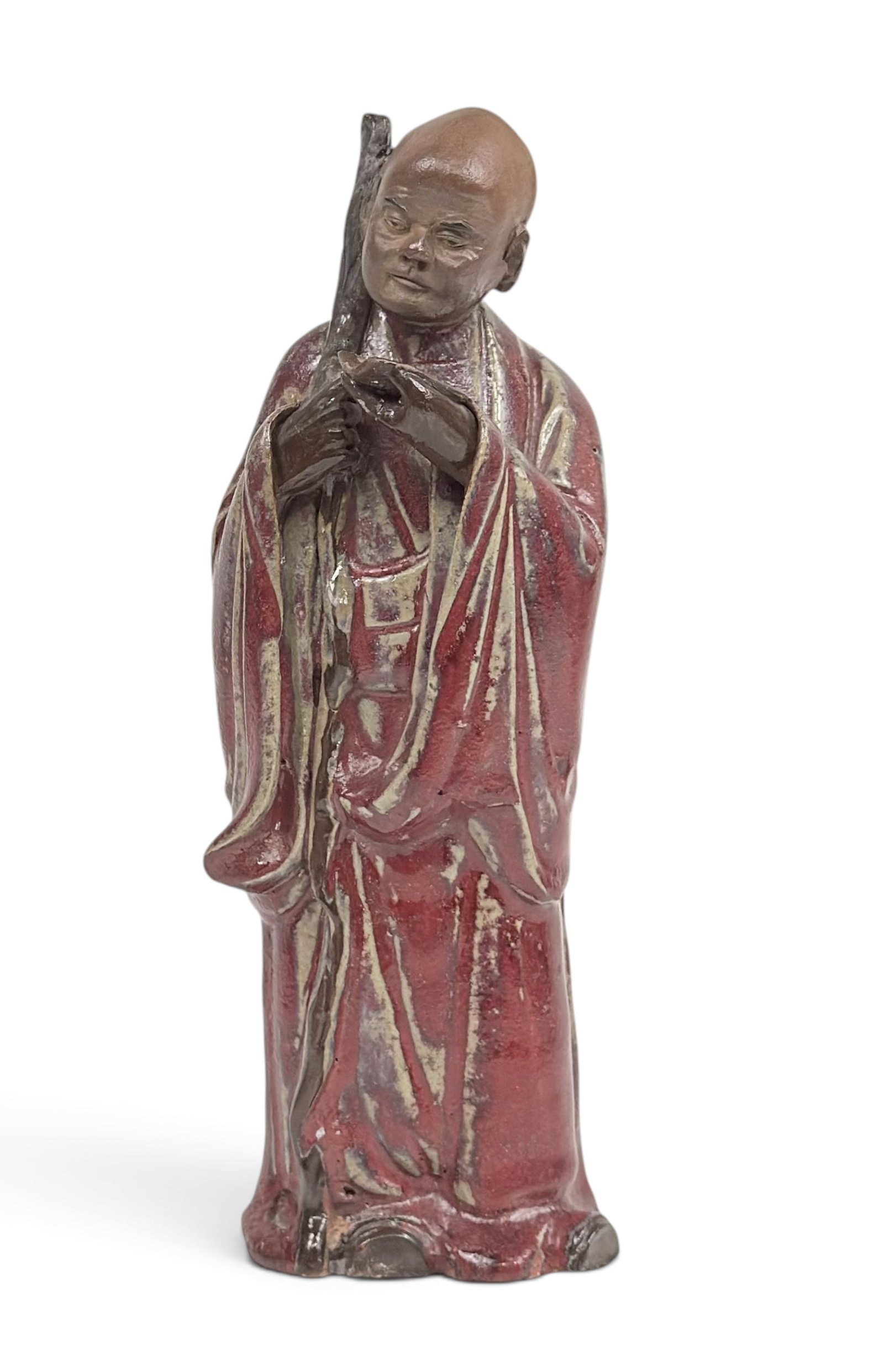 Chinese Shiwan Flambe Plum Glaze Monk Figure.: The monk terracotta figure measures 9 1/2" tall, 3 1/4" wide, and 3" deep. There is some discoloration, and a few scratches and stains on the piece. Otherwise, it is in overall good condition. In-hous