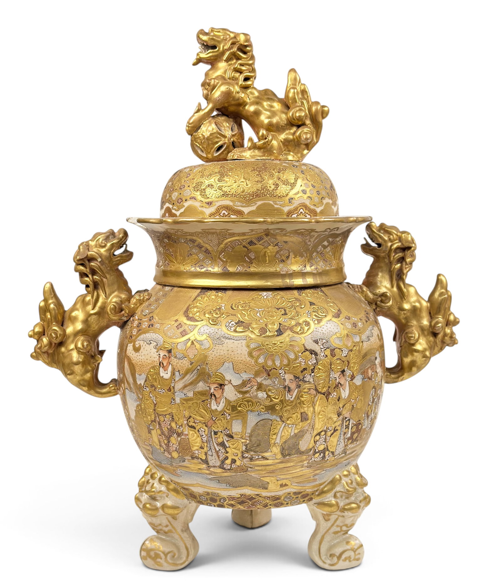 Large Antique Satsuma Heavily Gilded Censer.: The piece has two foo dog handles, and another as the lid handle or finial. It measures 20 1/2" tall, 17 1/2" wide, and 10 1/2" deep. There is a 1 1/8" chip on the rim, and some craquelure to the glaz