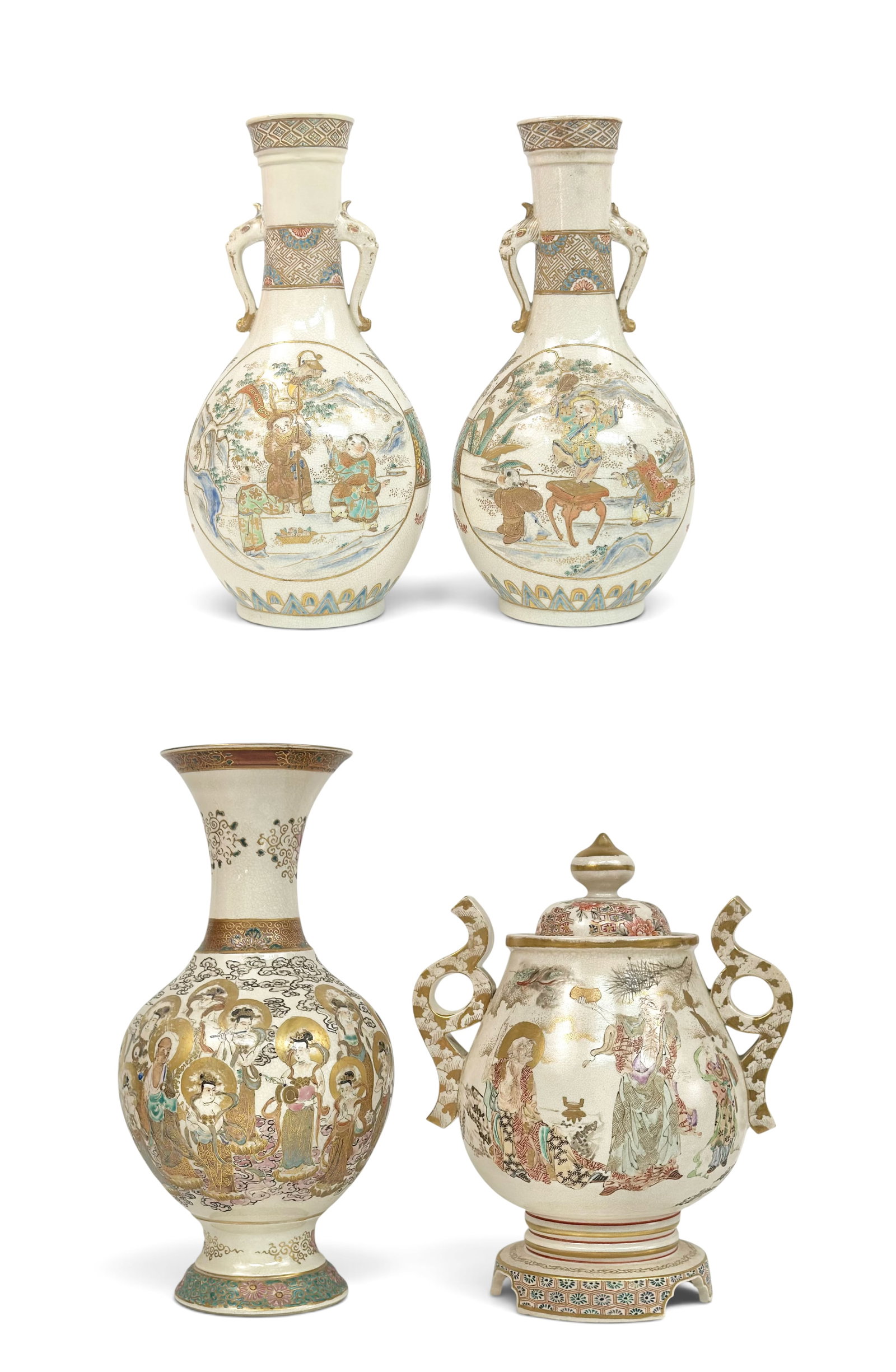 Lot: 4 Pcs.- Antique Satsuma Porcelain Items.: The lot contains a fluted vase, a pair of double-handle vases, and a covered urn. The items depict figural decorations with gilded details.. The smaller vases measure 8 5/8" tall and 4 1/2" in diamete