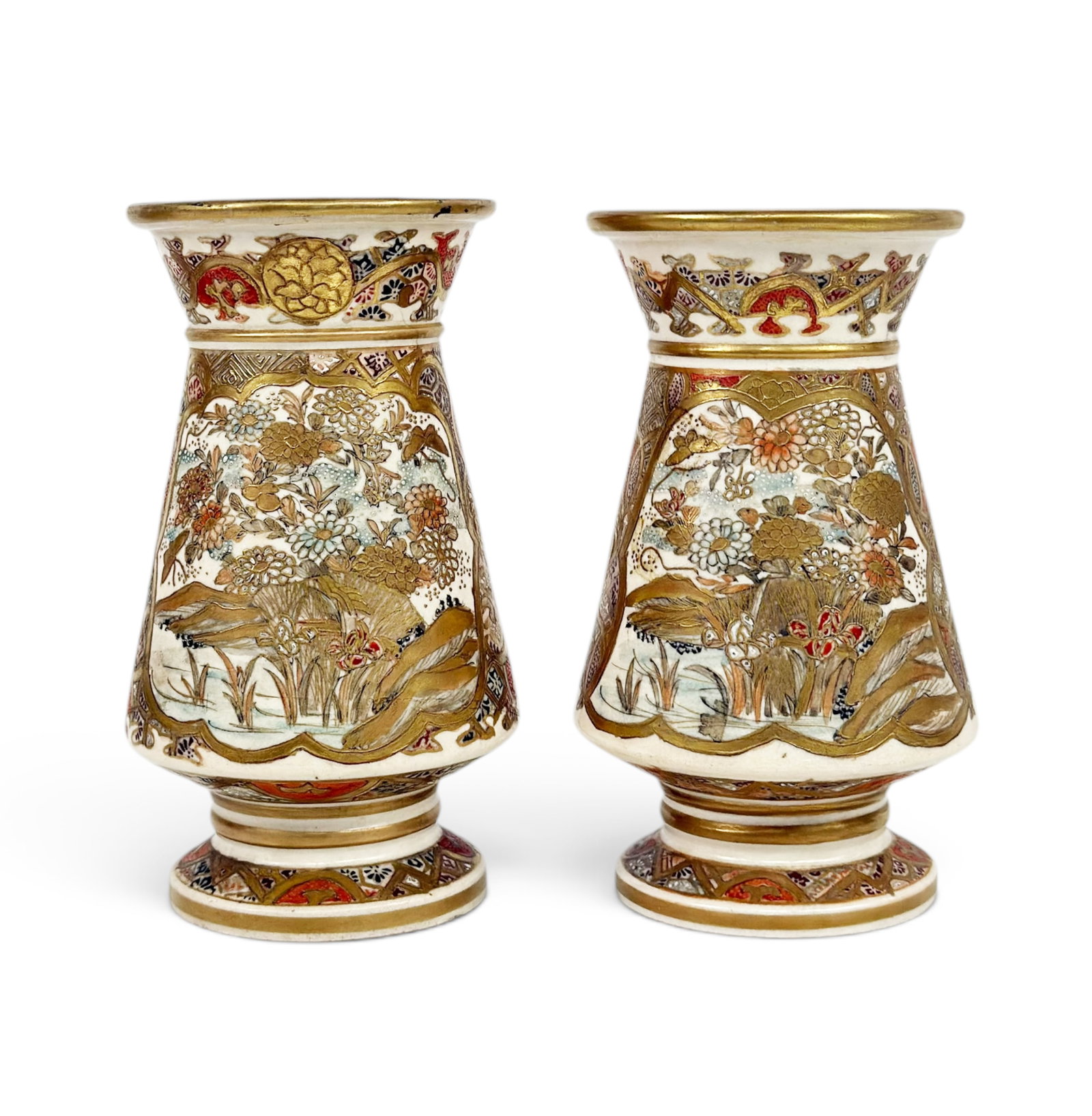 Pair of Antique Japanese Satsuma Gilt Vases.: The vases depict intricate bird and flower designs. They measure 6 1/8" tall and 3 1/2" in diameter. There are some scratches and stains on the pair, and minimal gilt discoloration. Otherwise, the lot