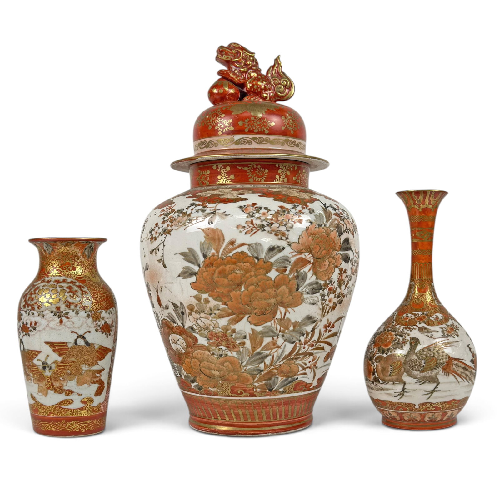 3 Vintage Japanese Kutani Items - Vases & Lg. Jar.: All of the pieces are signed on their undersides. The smallest vase measures 7 1/8" tall. The ginger jar with a foo dog top measures 14 3/4" tall and 8" in diameter. There is some craquelure on the pi