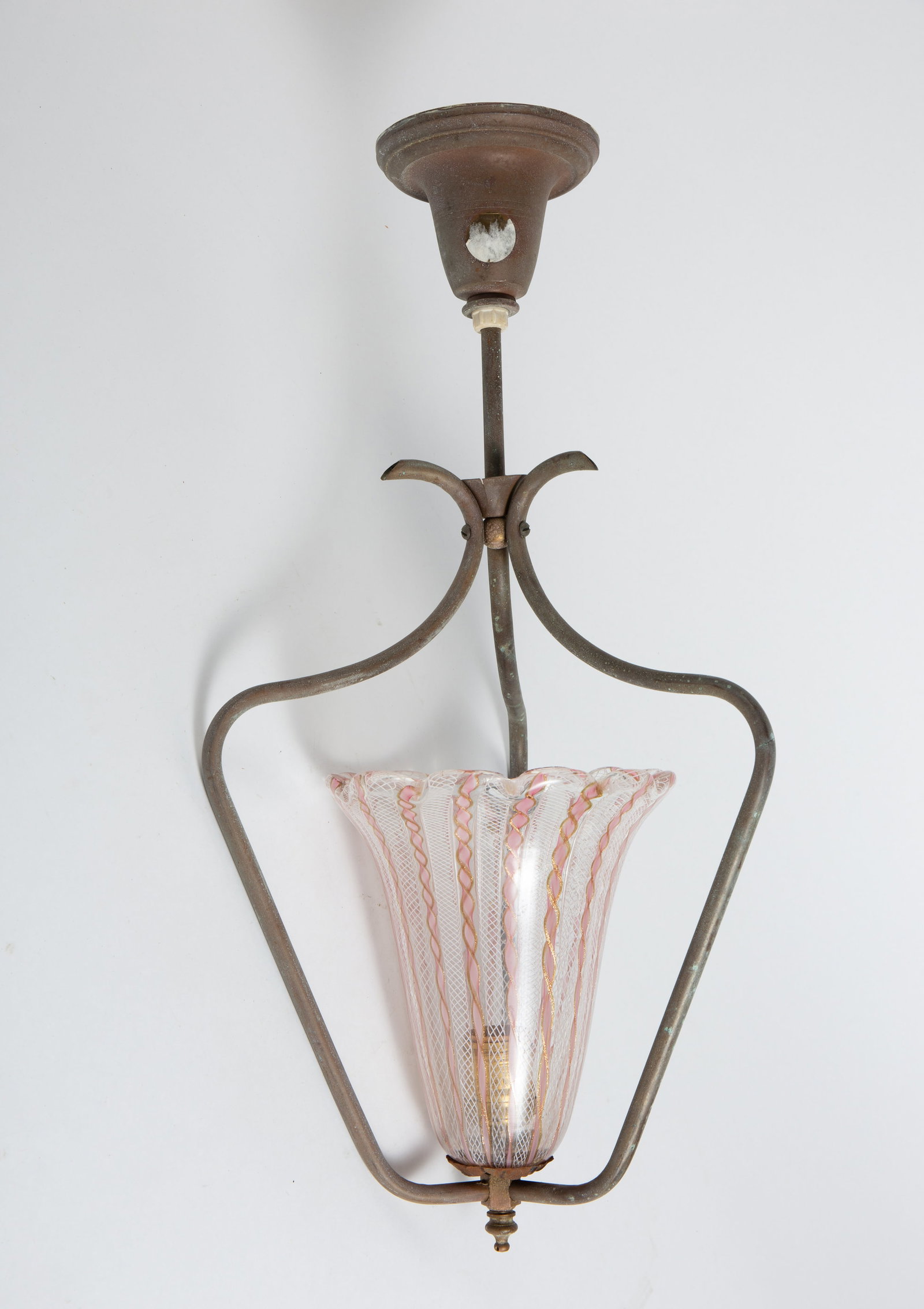 Vintage Fixture w/ Murano ? Latticino Glass Shade.: There is some dust present, but overall, this item presents well. The shade measures 6 1/2" x 6 1/2" x 7 1/2". The entire fixture measures 10 1/8" x 10 1/8" x 21 1/4". In-house shipping is available.