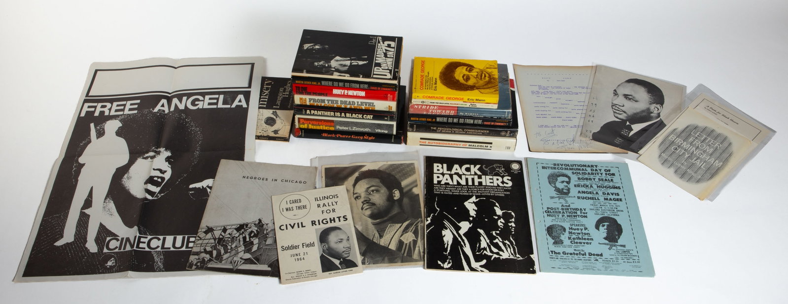 Lot of Civil Rights Movement Books & Ephemera.: This lot includes vintage books, magazines, pamphlets, and more. The authors include Martin Luther King Jr. (two are marked "First Editions"), Malcolm X with Alex Haley (First Printing), Huey Newton