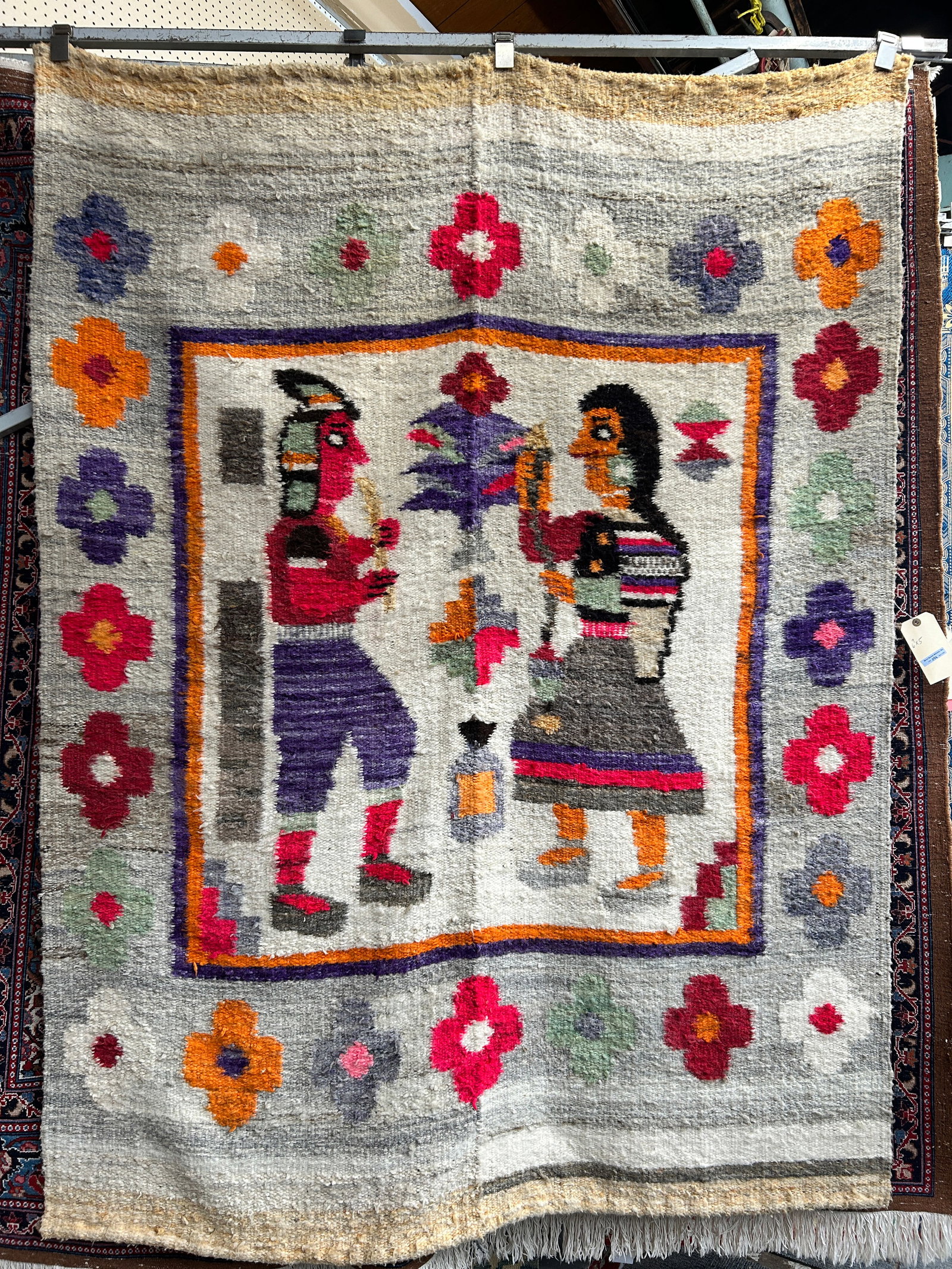 5' x 6' 9" Folk Art Style Wool Rug w/ Figures.: The rug or blanket looks to be in good overall condition. In-house shipping is available. To receive the best shipping rate on this item, please check the "Self Arranged" button at checkout. Our in-ho