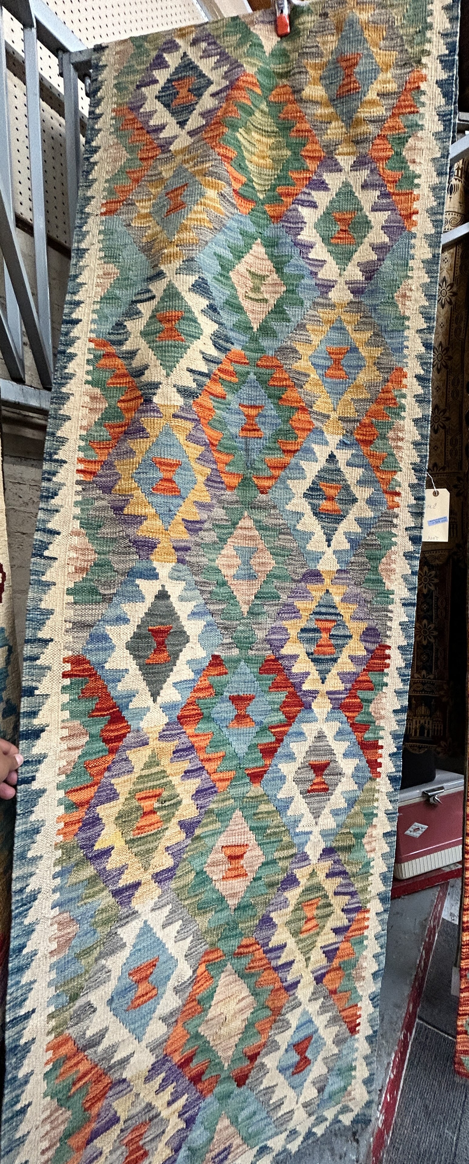 2' 9" x 10' Colorful Kelim Runner Rug.: The rug is in very good condition. In-house shipping is available. To receive the best shipping rate on this item, please check the "Self Arranged" button at checkout. Our in-house shipping