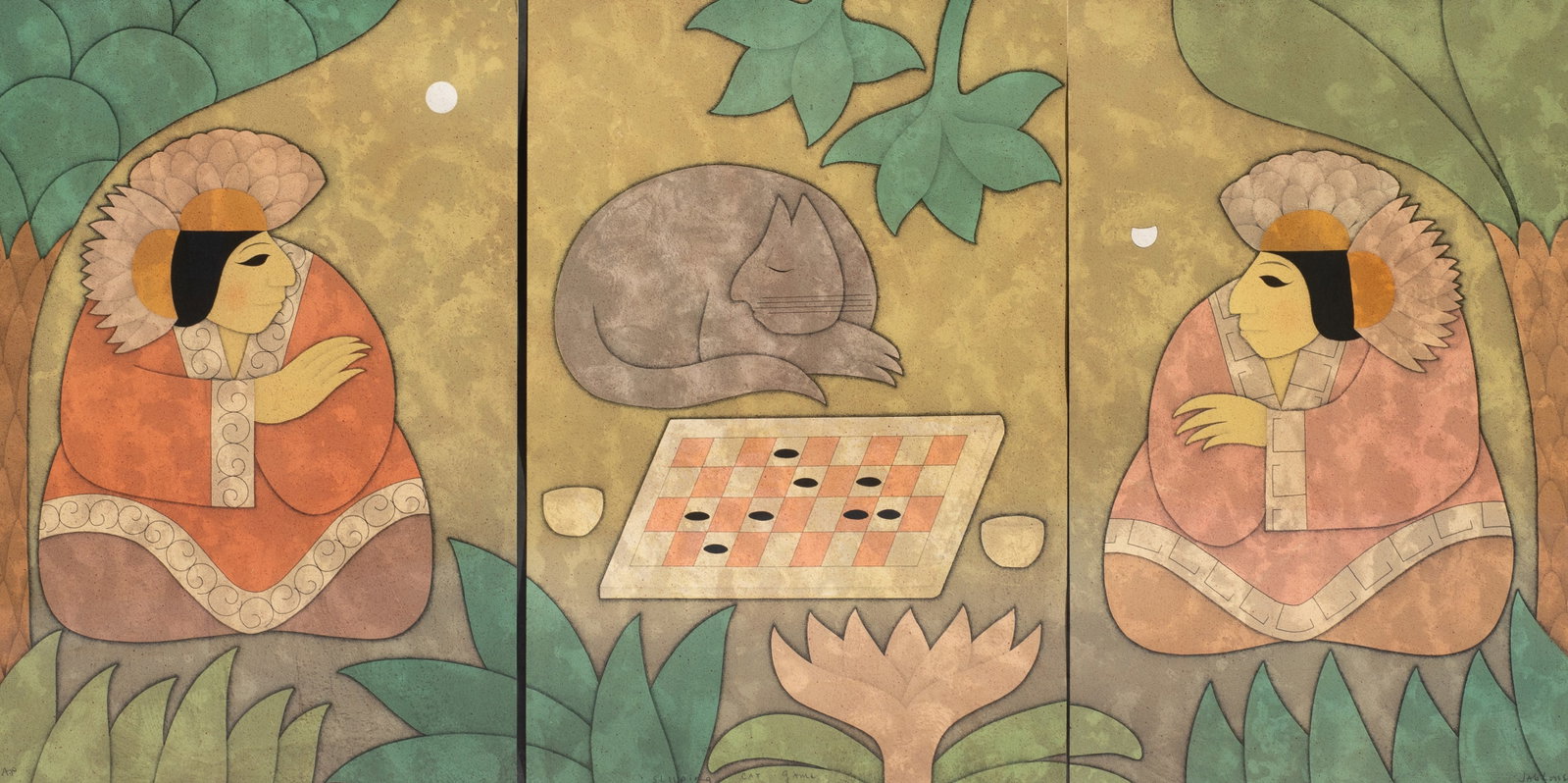 Huge Carol Jablonsky Triptych, Sleeping Cat Game: Artist(s): Carol Jablonsky (American, 1939-1992). Medium: Lithograph in colors. Signature(s): Pencil signed, titled, and marked as an Artist Proof in its lower margin. Paperwork/Provenance: N/A Condit