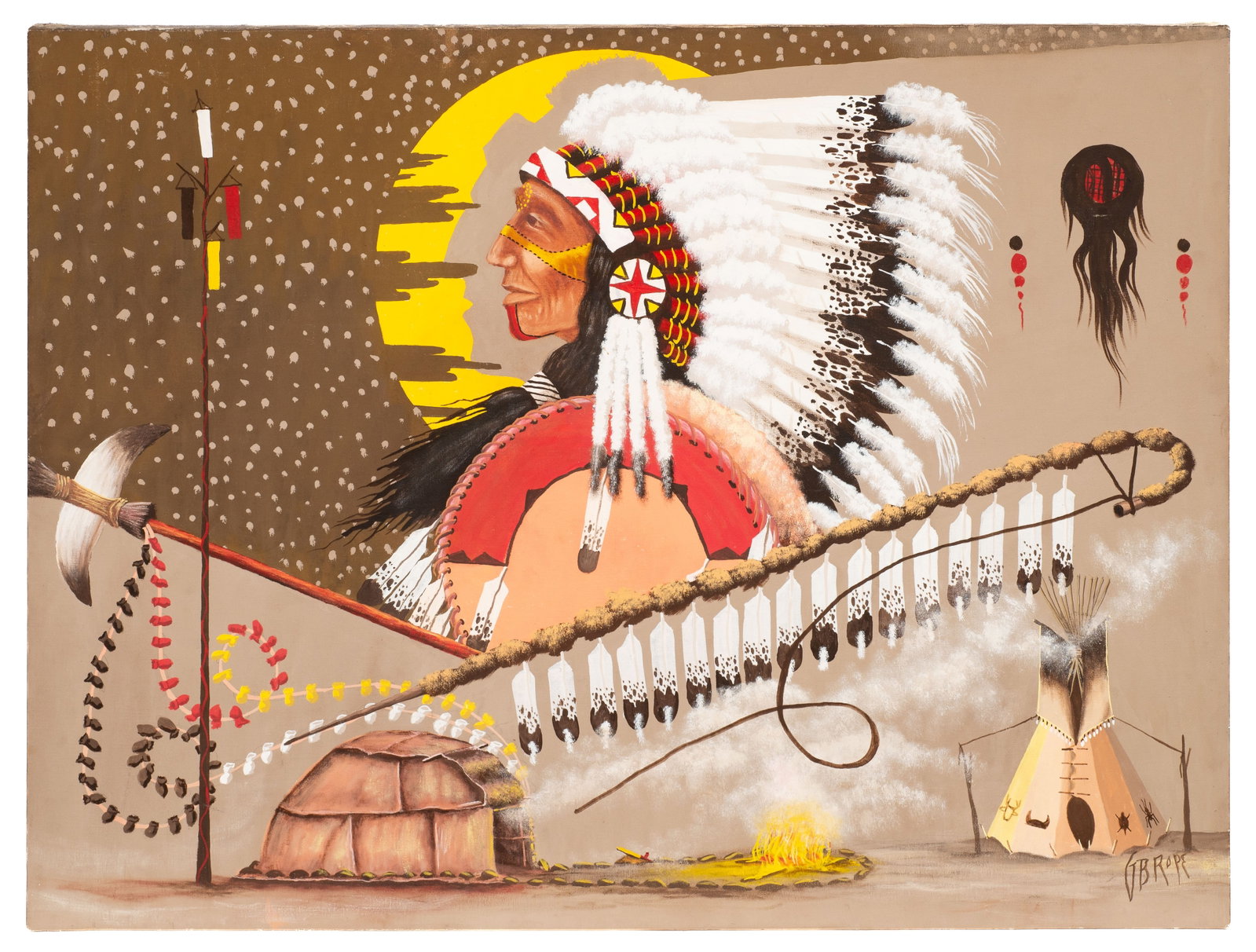 Lg. Painting of Native American Chief, G. B. Rope.: Artist(s): G. B. Rope (20th century). Medium: Acrylic painting on canvas. Signature(s): Lower right. Paperwork/Provenance: N/A Condition: Unframed. Minor signs of surface grime and a few scuffs to the