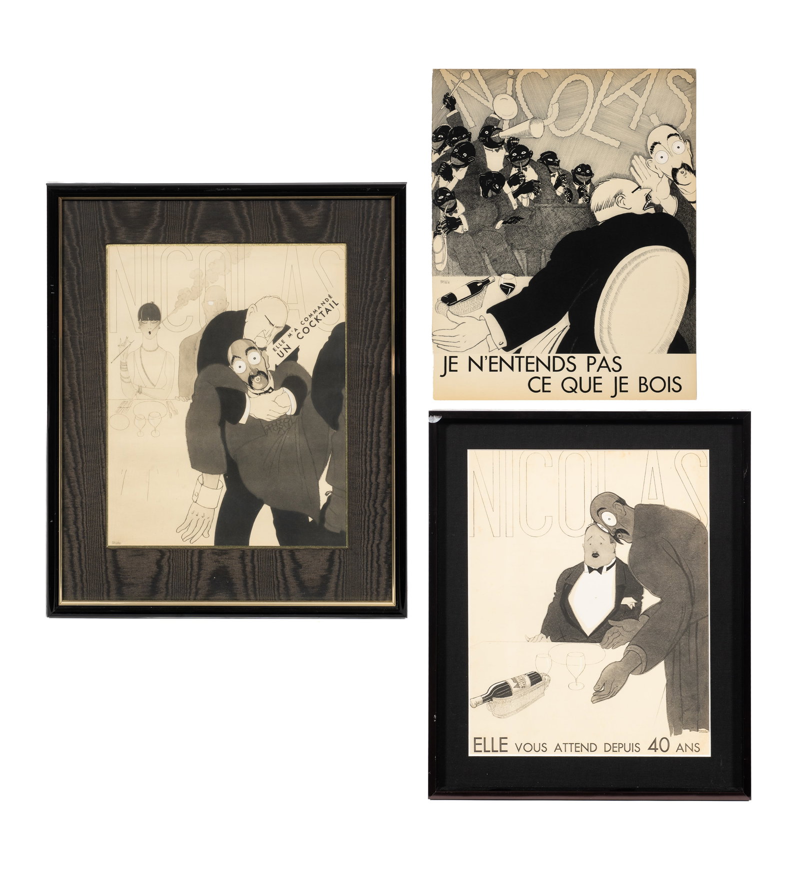 Three French Advertisement Posters, Paul Iribe.: This lot contains three Paul Iribe lithographs for the wine importer Nicolas. Two of them are framed. Paperwork/Provenance: N/A Condition: Signs of toning to each, foxing to one, and surface grime to