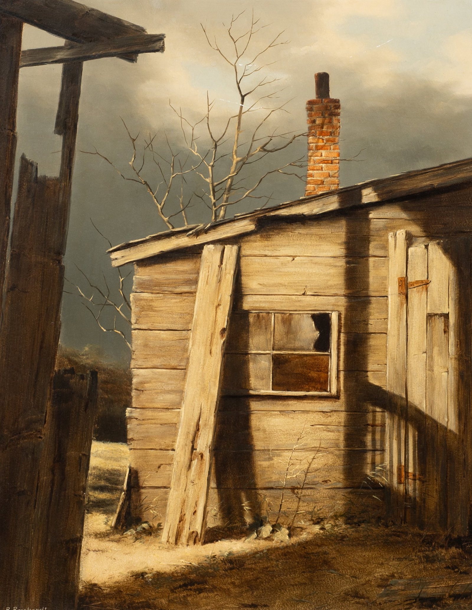 Stormy Farmscape Painting by Rudi Reichardt.: Artist(s): Rudi Reichardt (German, b. 1929). "Tool Shed", 1966. Medium: Oil painting on masonite. Signature(s): Lower left and en verso. Paperwork/Provenance: Attached en verso is a label from Sears a