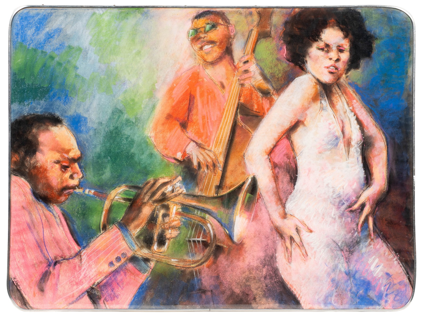 Pastel of a Jazz Club by Walter Moskow.: Artist(s): Walter Moskow (American, 1931-2013). Medium: Pastel drawing on paper. Signature(s): Lower left. Paperwork/Provenance: N/A Condition: Rippling to the sheet. Scratches to the plexiglass. Meas