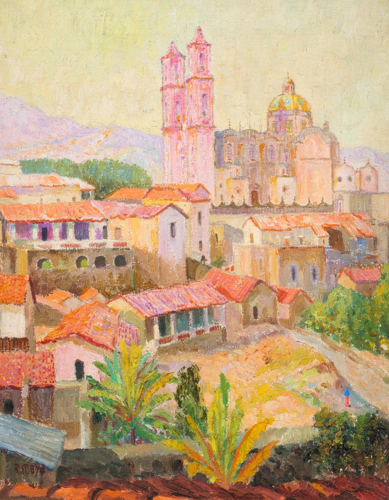 Mexican Cityscape Painting, Reynaldo Maya.: Artist(s): Reynaldo Maya (Mexican, 1911-?). Medium: Oil painting on canvas. Signature(s): "R. Maya", lower left. Paperwork/Provenance: N/A Condition: Craquelure and darkening varnish. There are a few 