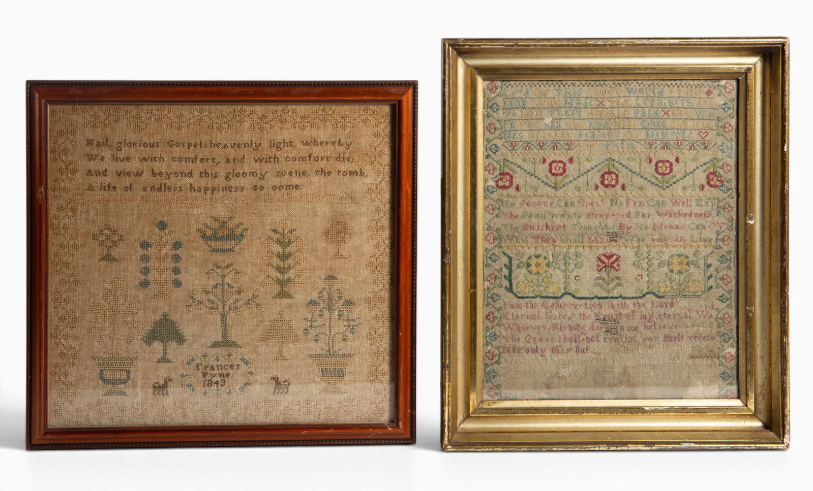 Lot of 2 Antique Religious Samplers.: One is dated 1843, and looks to be in overall good condition. The frame measures 17" x 17 3/4" x 7/8". The other one has more signs of wear. It measures 18 3/4" x 16" x 2 1/8". In-house shipping is av