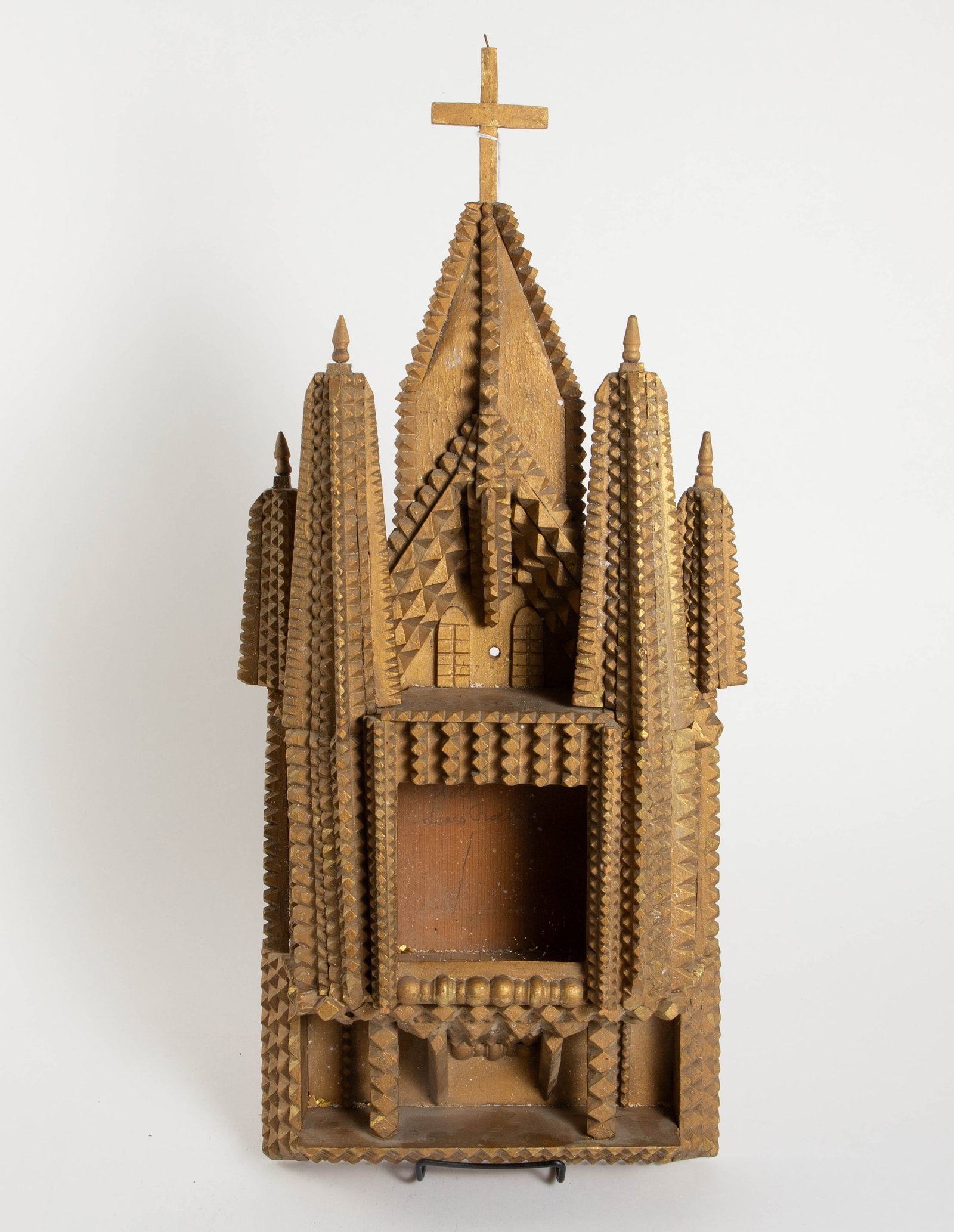 Tramp Art Folk Sculpture of Church.: The artist is unknown. In order to hang it on a wall, a wire will need to be added to the back. There is a little dust, but overall, it looks to be in good condition. The dimensions are 12 1/8" x 26