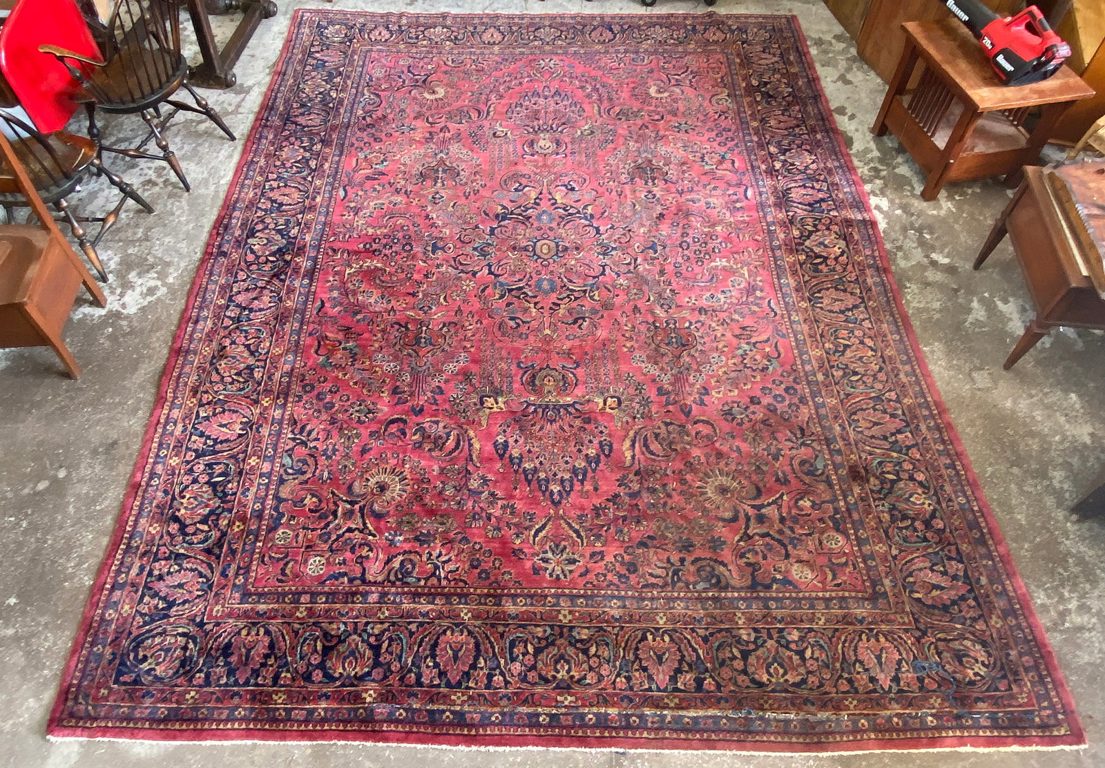 10' 3" x 13' 8" Persian Sarouk Rug, As Is.: The rug has quite a few problems. First off, there is a tear which runs nearly the entire width of the rug at the bottom (see photos). Secondly, there is at least one spot of moth damage (see