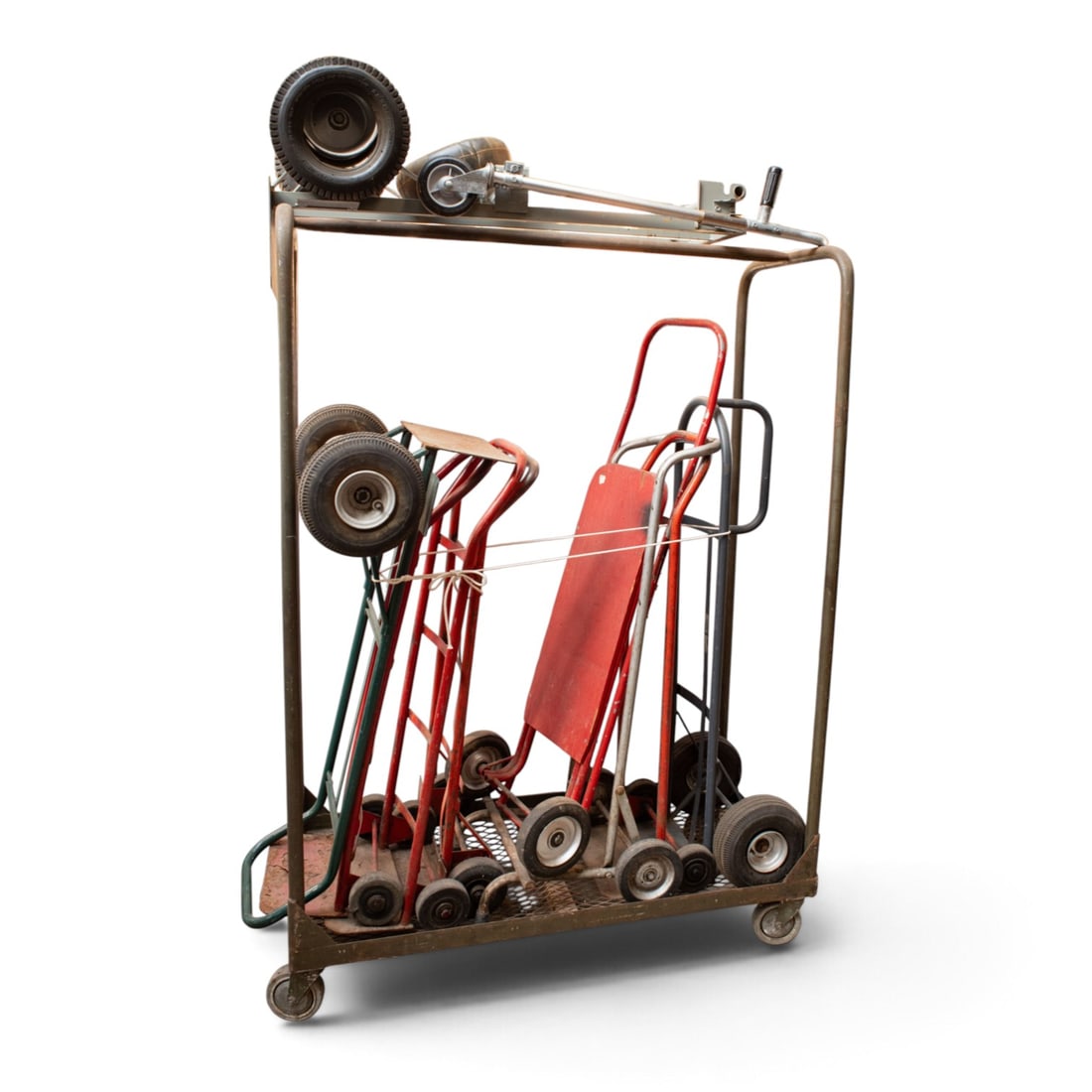 Lot of Industrial Carts & Hand Trucks, As Is.: These are all older and used. Some have rust and missing paint. The silver colored collapsible cart's wheel is falling off. It needs a new innertube. Another cart has a bent / dented wheel. The tall c