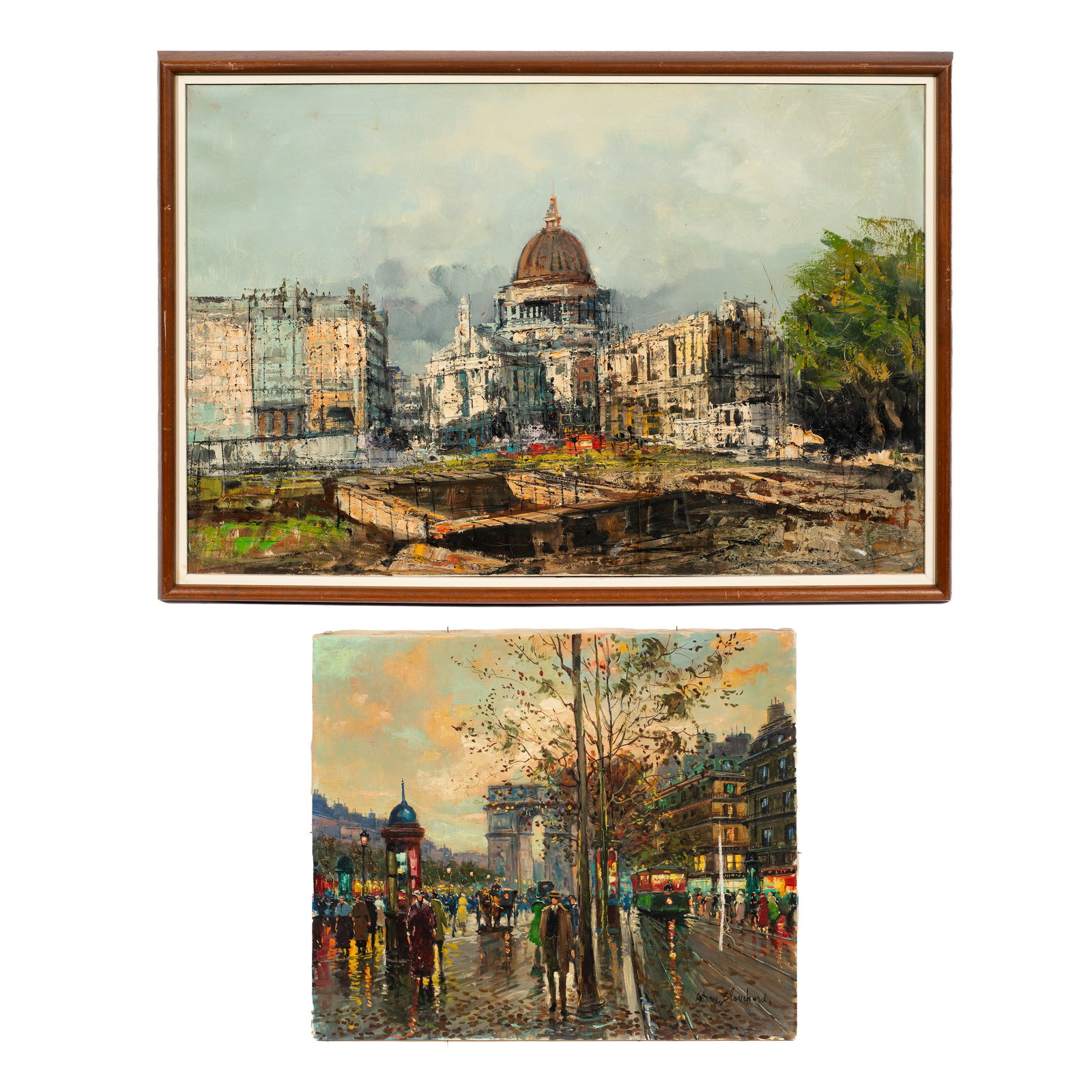 Lot of Two Paintings - French Street Scenes.: This lot contains two oil paintings on canvas depicting French street scenes. The larger is unsigned. The other is a copy after Antoine Blanchard. Paperwork/Provenance: N/A Condition: The framed work 