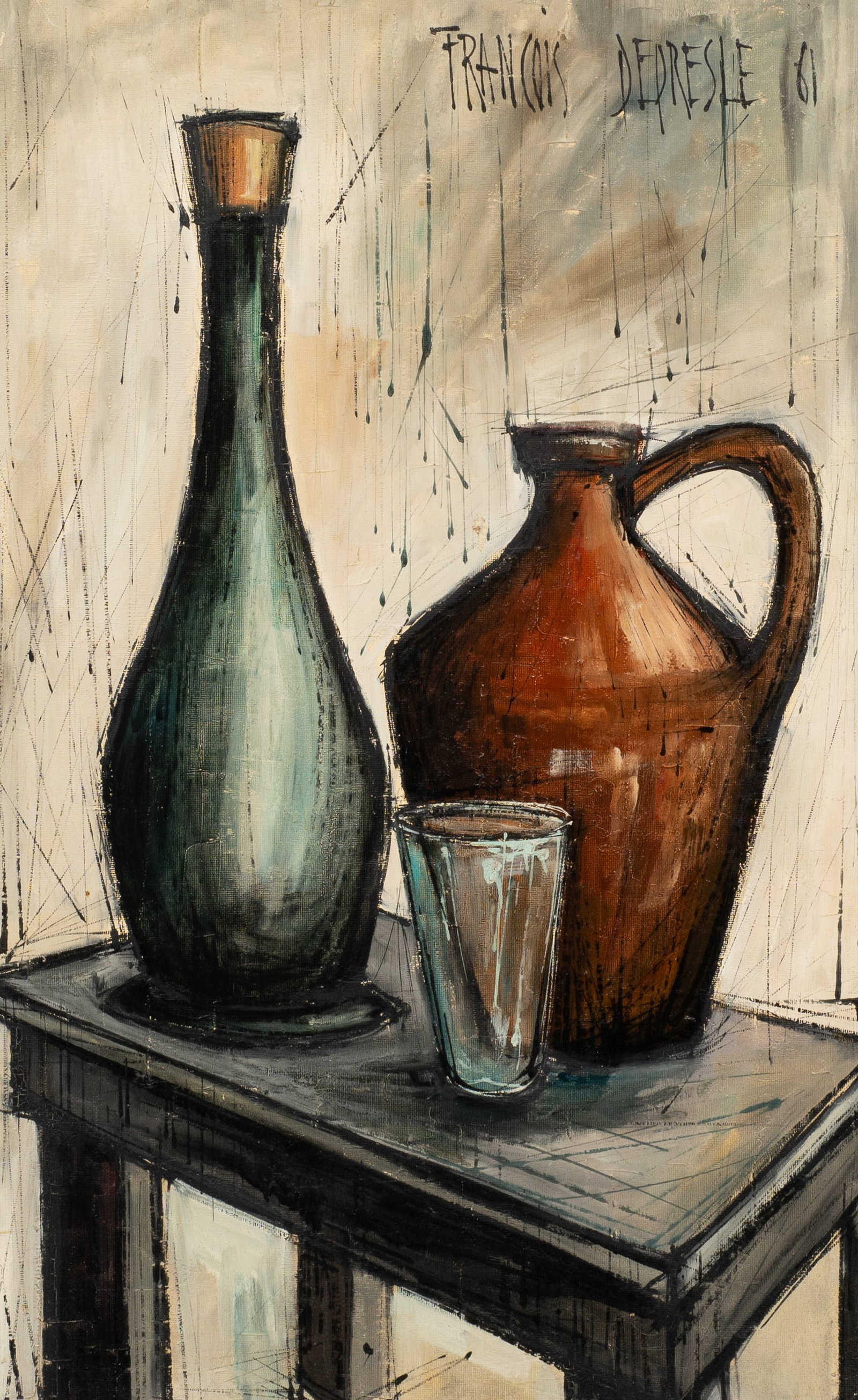 Mid-Century Still Life, Francois Depresle.: Artist(s): Francois Depresle (20th century). Medium: Oil painting on canvas. Signature(s): Upper right. Paperwork/Provenance: N/A Condition: Surface grime and rippling to the canvas. Scuffs to the fra