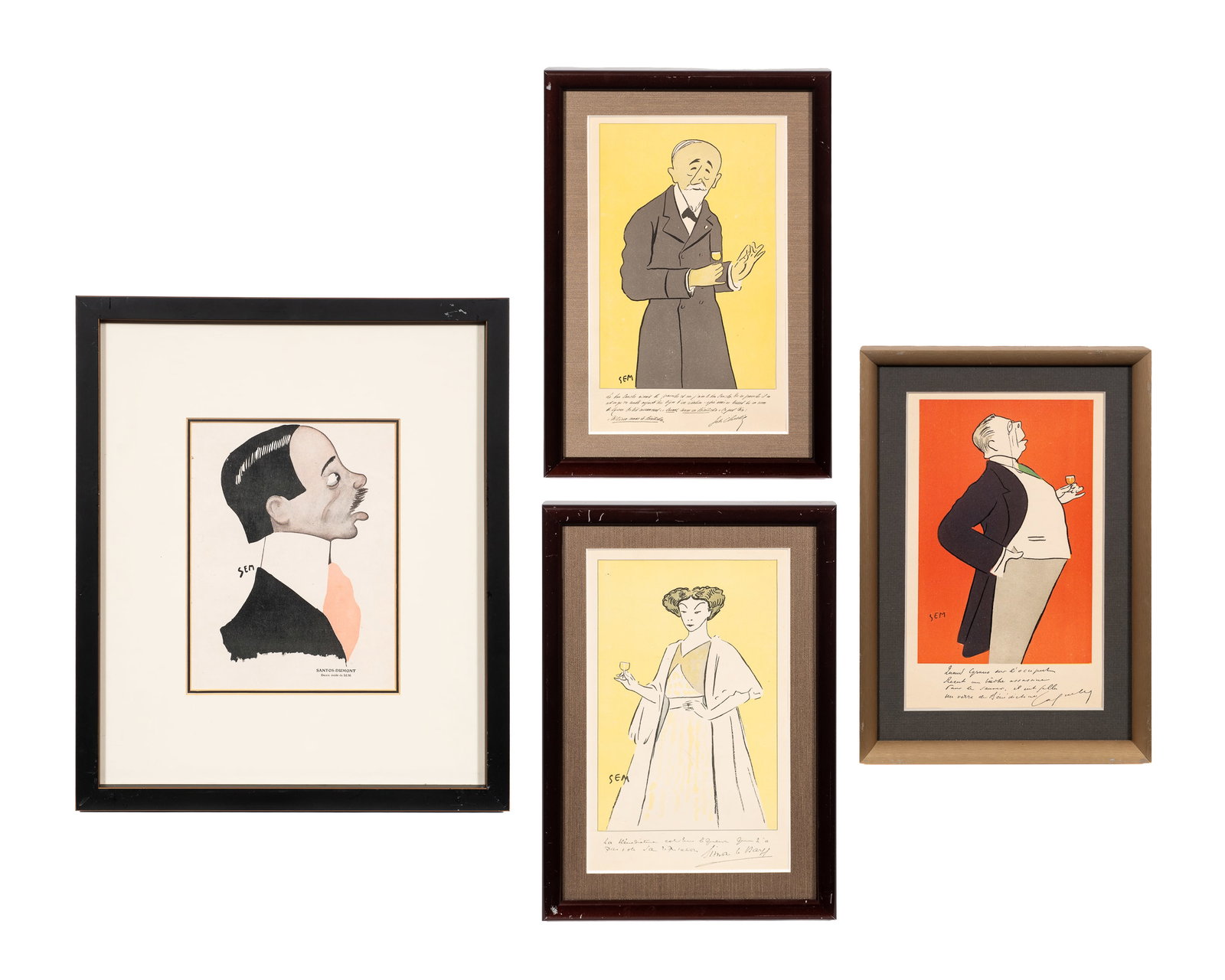 Lot of Four SEM Caricature Lithographs.: This lot contains four SEM (Georges Goursat) lithographs: Simone le Darff, Jules Claretie, Coquelin Aine, and Alberto Santos-Dumont. Paperwork/Provenance: N/A Condition: There is minor toning present 