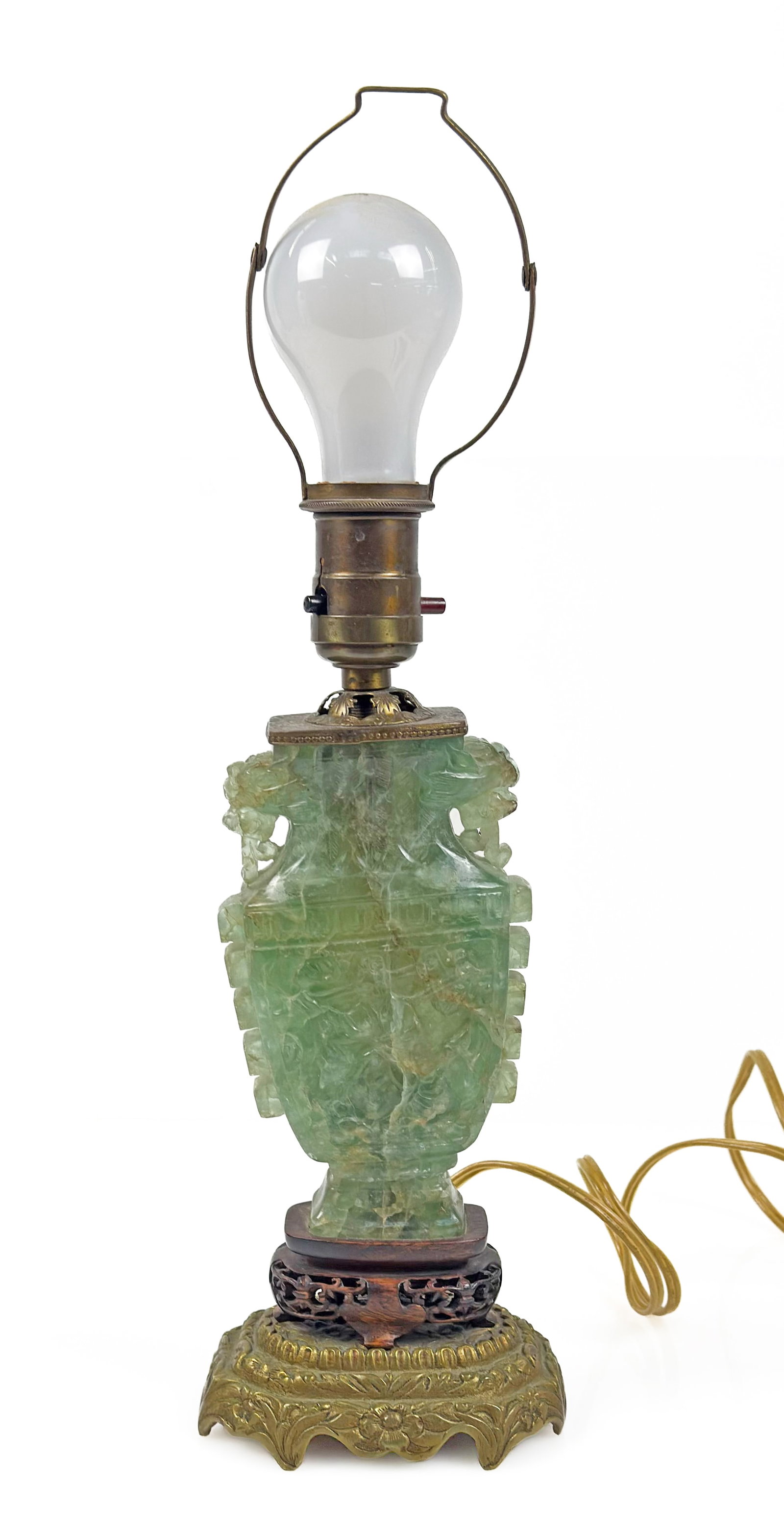 Antique Chinese Green Quartz & Brass Lamp. (1 of 5)