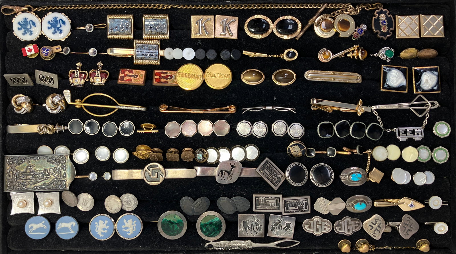 Lot of Cuff Links, Tie Clips, Pins, Watch Fob, Etc: The lot contains 67 items, including 14 sterling items. There are some 2 piece sets, including a pair of links and a tie clip, pin, or button studs. Some of the brands or marks observed on the items a