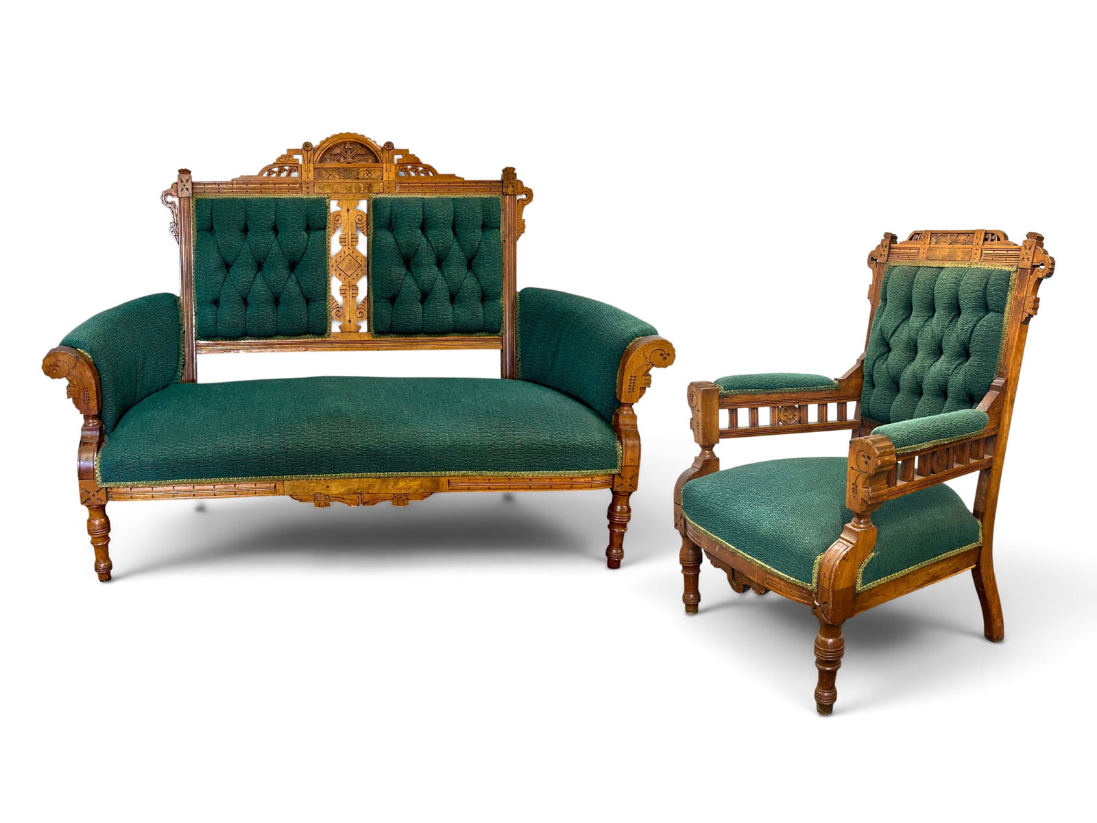Carved Eastlake Style Settee & Armchair, Green. (1 of 20)