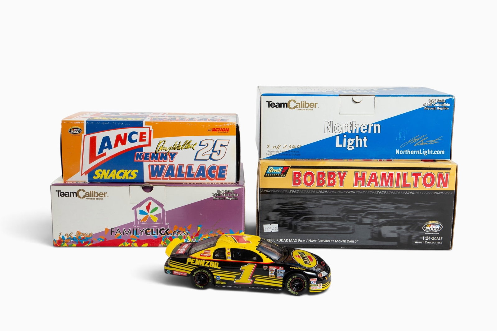 Lot of Die-Cast Model Cars - Revell, Action, Etc.: The lot contains 5 die-cast 1:24 scale replica cars. There is a Revell Collection Bobby Hamilton #4 Kodak Max Film / Navy Chevrolet Monte Carlo item #100097, an Action NASCAR Kenny Wallace #25 Lance S