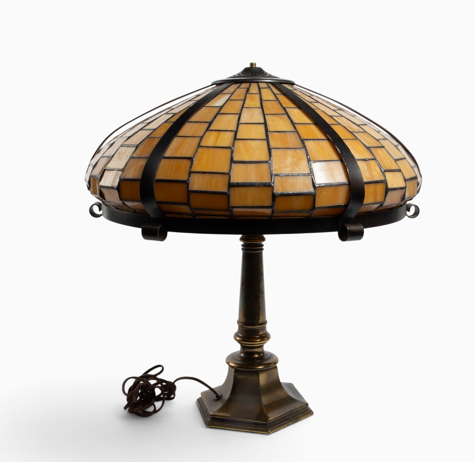 Stiffel Brass Lamp w/ Iron Leaded Glass Shade. (1 of 5)