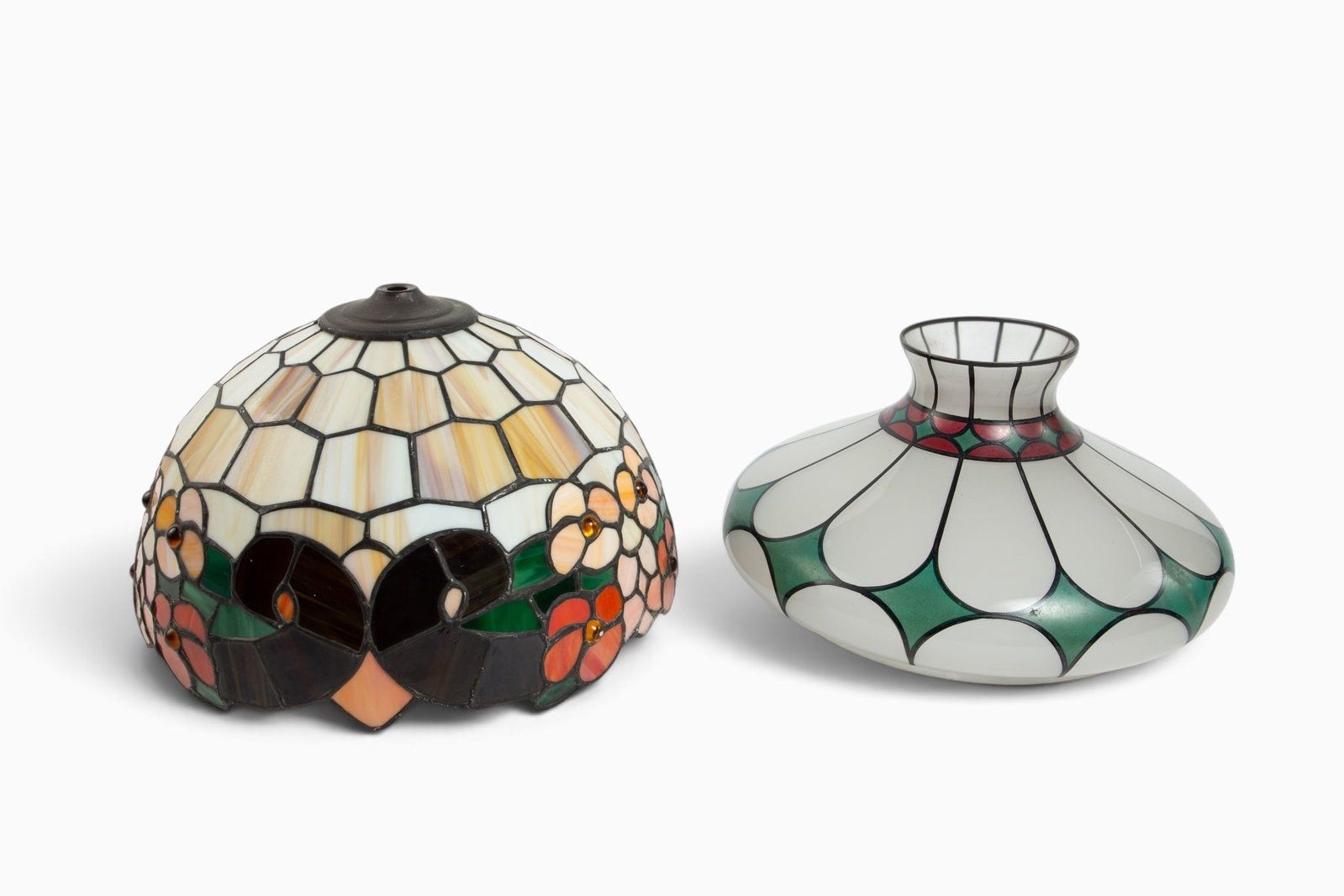2 Lamp Shades - Painted Chimney & Leaded Glass. (1 of 9)