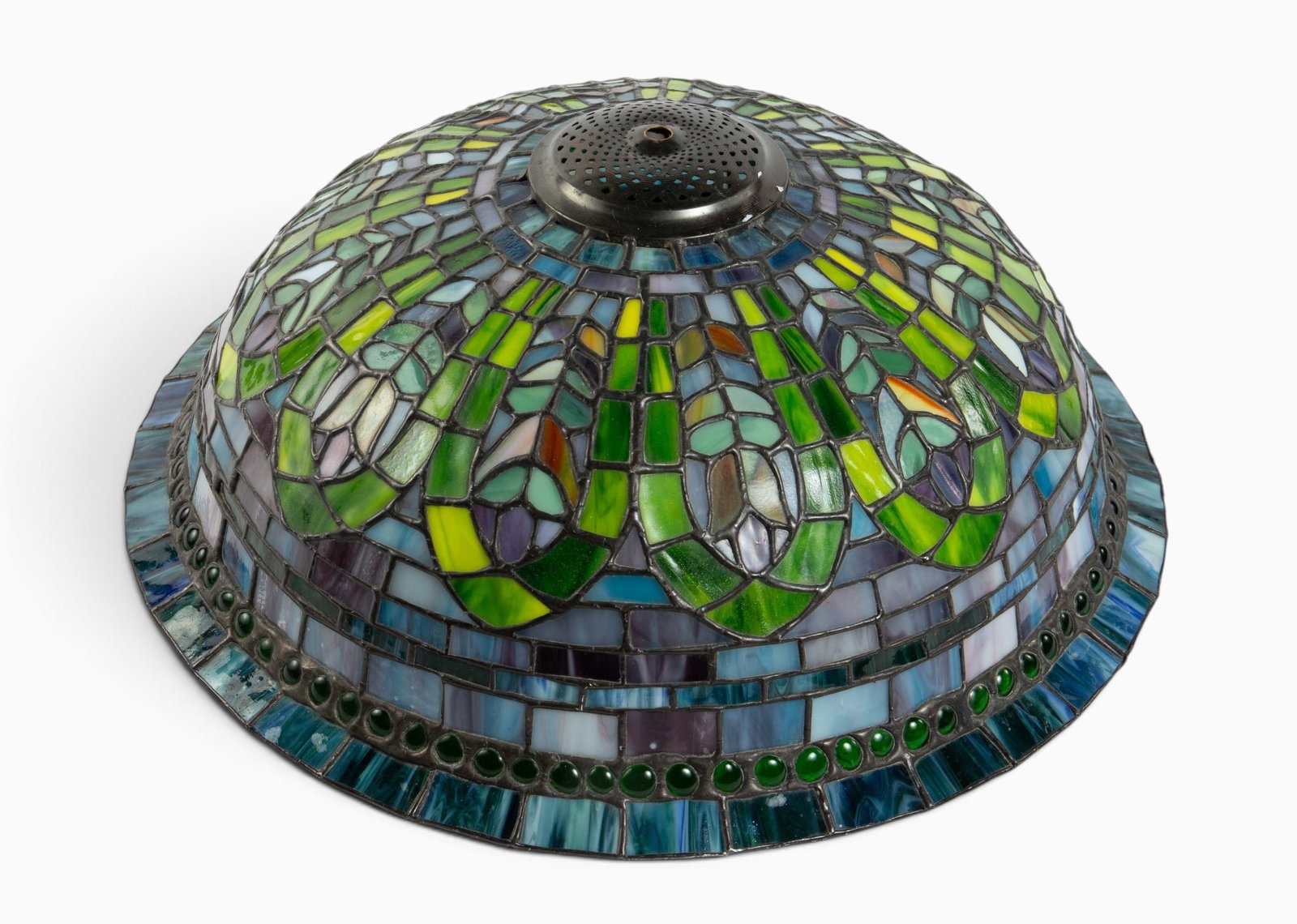 Leaded Slag Glass Shade Peacock Feather & Jewels.: The bright colored slag glass shade features a peacock feather design with bright and sparkly green borders, a green jeweled rim, and a fanned edge. It measures 7 1/4" tall, and 18 1/2" in diameter. N