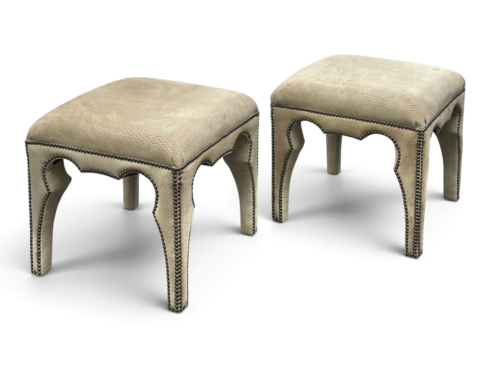 Pr. of Suede Brass Nail Head Trim Stools, Ottomans (1 of 11)