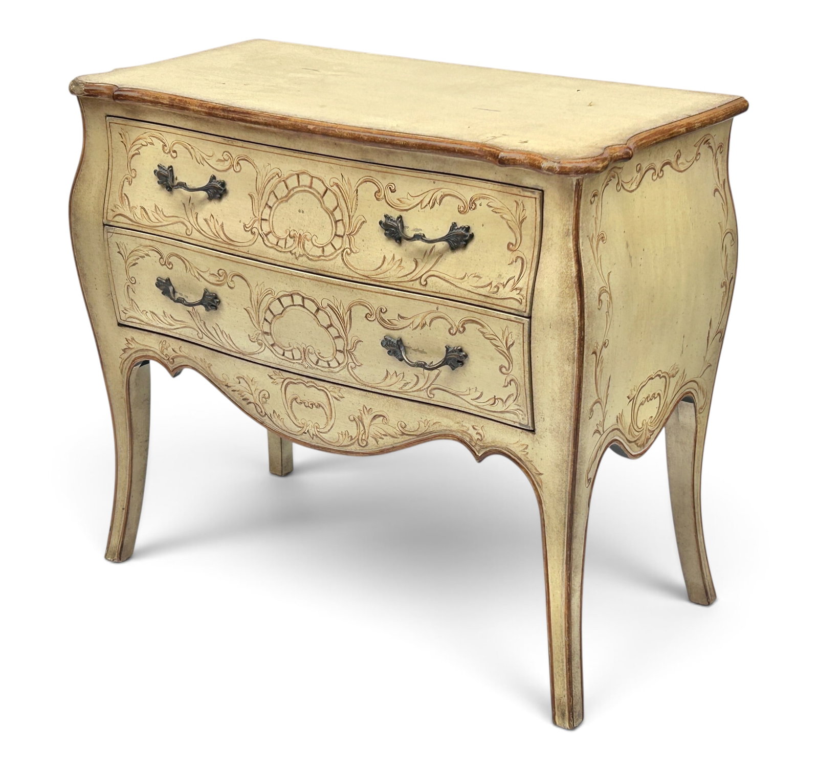Harden Painted Bombe Commode or Nightstand.: The antique Italian style commode has a distressed beige finish, with hand painted scroll and fan decorations on the 2 drawers and apron. The piece also has darkened trim. There is a Harden sticker on