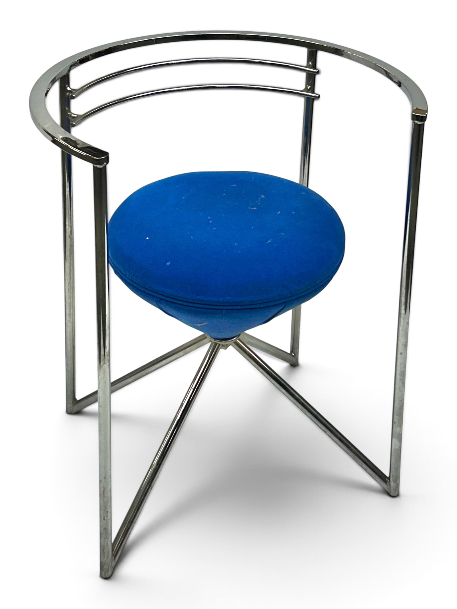 Minson Post Modern Chrome Sculptural Chair, Blue.: The chair, circa 1980's, features an inverted cone seat with cobalt blue upholstery and a tubular chrome frame with a round top. The chair measures 29" tall, 24 3/4" wide, and 20" deep. The chair is