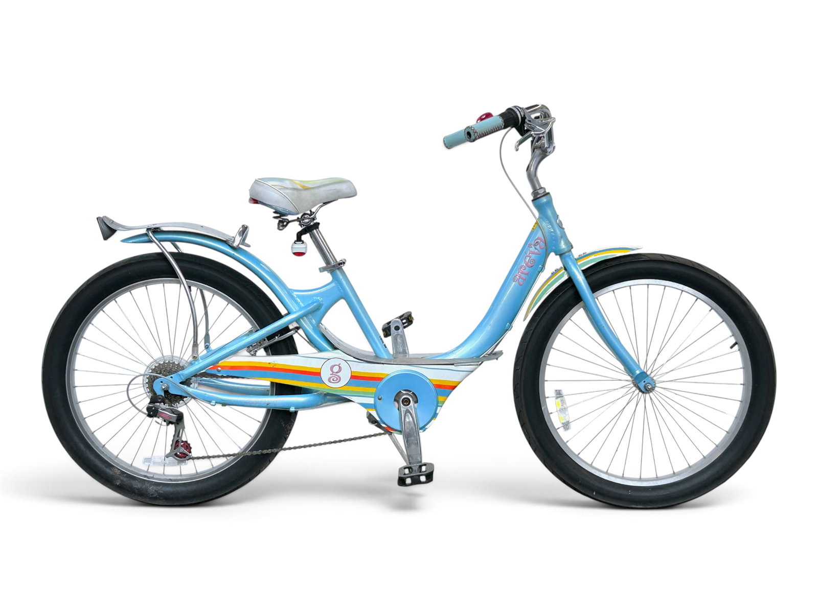 Giant Areva Beach Cruiser Womens' Bicycle.: The vintage light blue comfort cruiser has a wide seat, 3" wide beach wheels, and colorful striped details. The wheels measure 24" in diameter. There are some scratches, scuffs, and stains on the piec