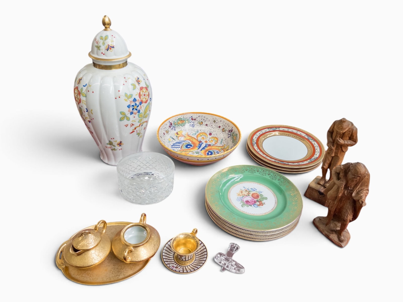 Lot of Mostly Bavarian Table Articles.: The lot includes a ginger jar, various wood figures, gilded dinner plates,a creamer and sugar bowl, and more. Most items look to be in good condition. The largest item measures 9 1/8" x 9 1/8" x 18 5/
