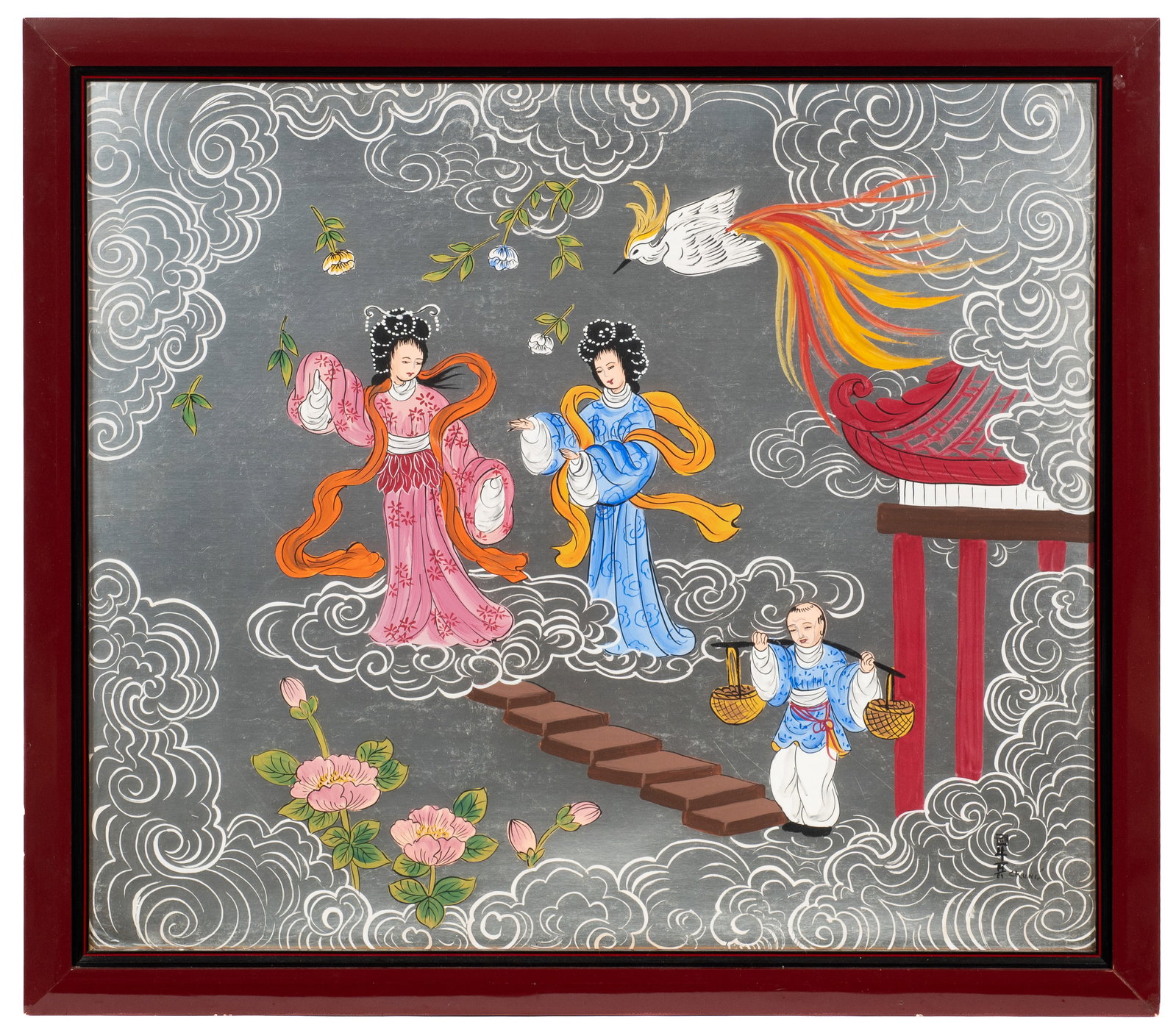 50's Asian Painting on Board, Signed by Artist.: It is signed, "Chung". There are a few scratches on the frame, but otherwise it looks to be in very nice shape. Its sight measurements are 25 1/2" x 29 1/2". The frame measurements are 29 3/8" x 33 1/