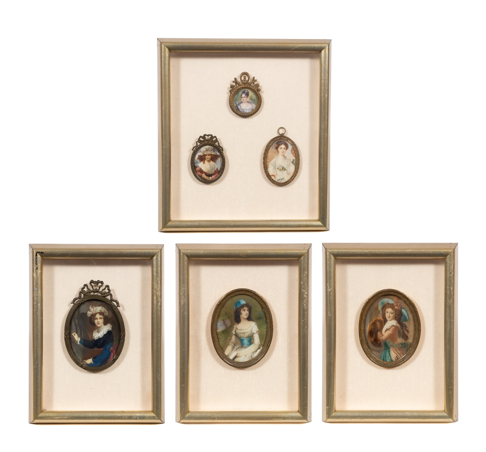 Lot of 6 Antique Miniature Portraits of Ladies.: This lot contains six total miniature portraits (three framed together). Three are signed "Koser", one "Reger", one "Cyril", and the last is unsigned. Paperwork/Provenance: N/A Condition: Several pain