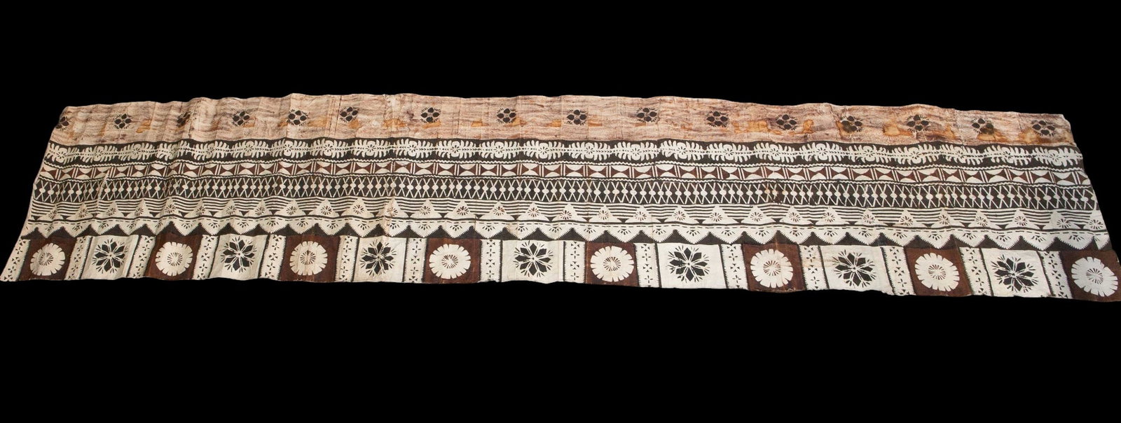 Polynesian Tapa Bark Cloth - 9 1/2" long.: The handmade tapestry features geometric and floral patterns. It measures roughly 115" long and 24 5/8" wide. There are some stains and tears on the piece from long term storage. Otherwise, it is in o