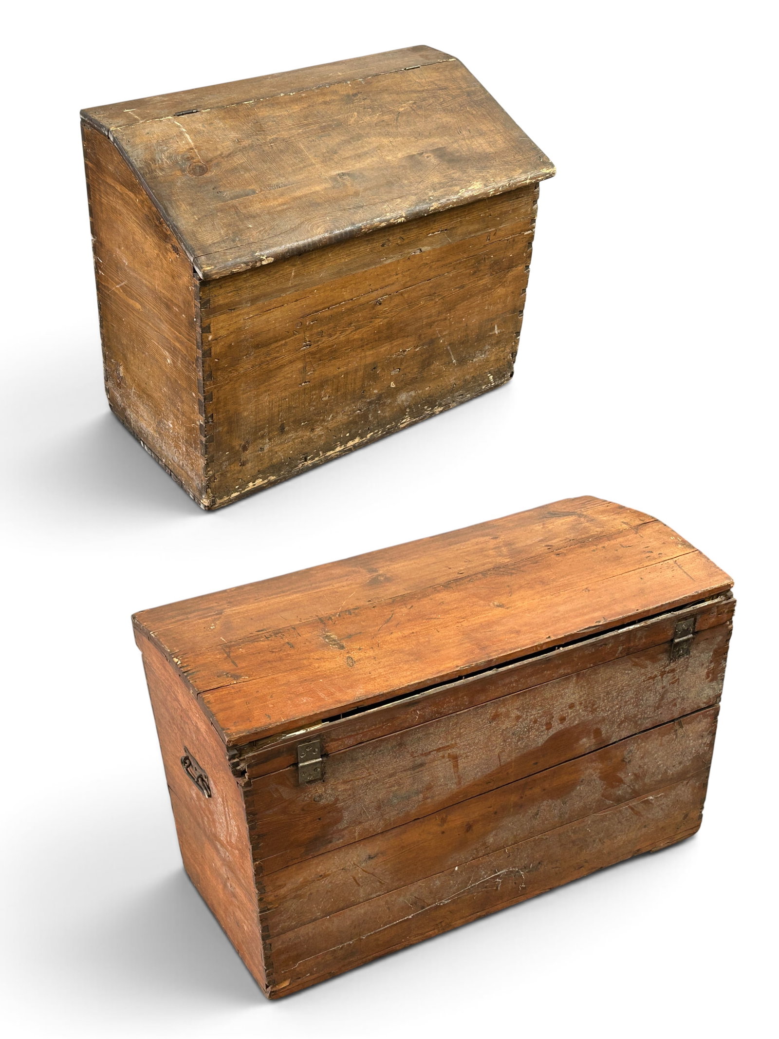 Primitive Trunk and Feed Bin.: The chest is very worn, and the top has broken off. The feed or grain bin has a loose hinge, but is in good condition for its age, with a nice, worn patina. Both pieces have dovetailed corners. The ch
