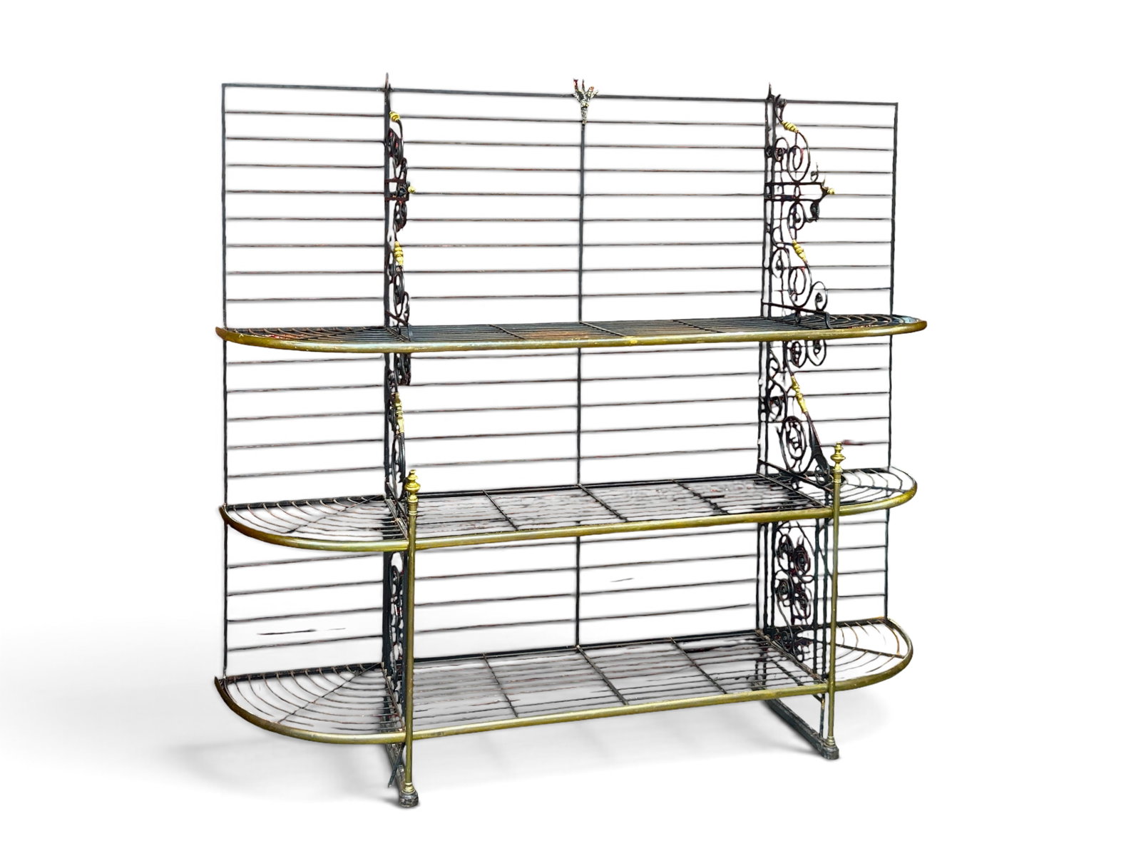 Huge Antique French Metal & Brass Baker's Rack.: The rack is signed, "Thibaudet a Paris." It has three tiers with scrolled supports and brass accents. There is some rust, and one of the brass finials is bent. Some brass trim needs to be reattached.