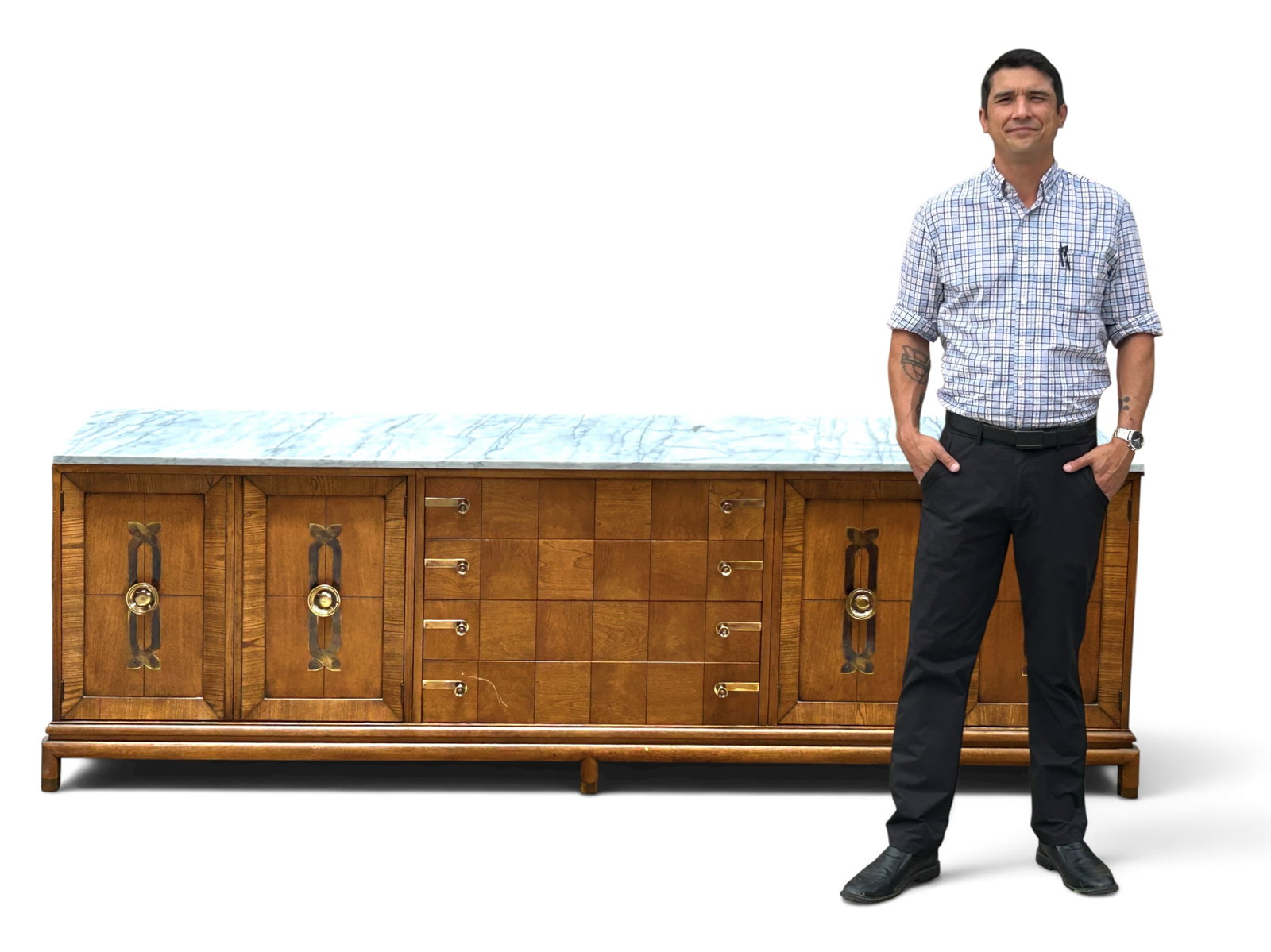 Renzo Rutili for Johnson Furniture Credenza.: This walnut and brass credenza or sideboard has a removable marble top, four central drawers, two sets of doors with open storage (the adjustable shelves are missing), and brass hardware. The bottom
