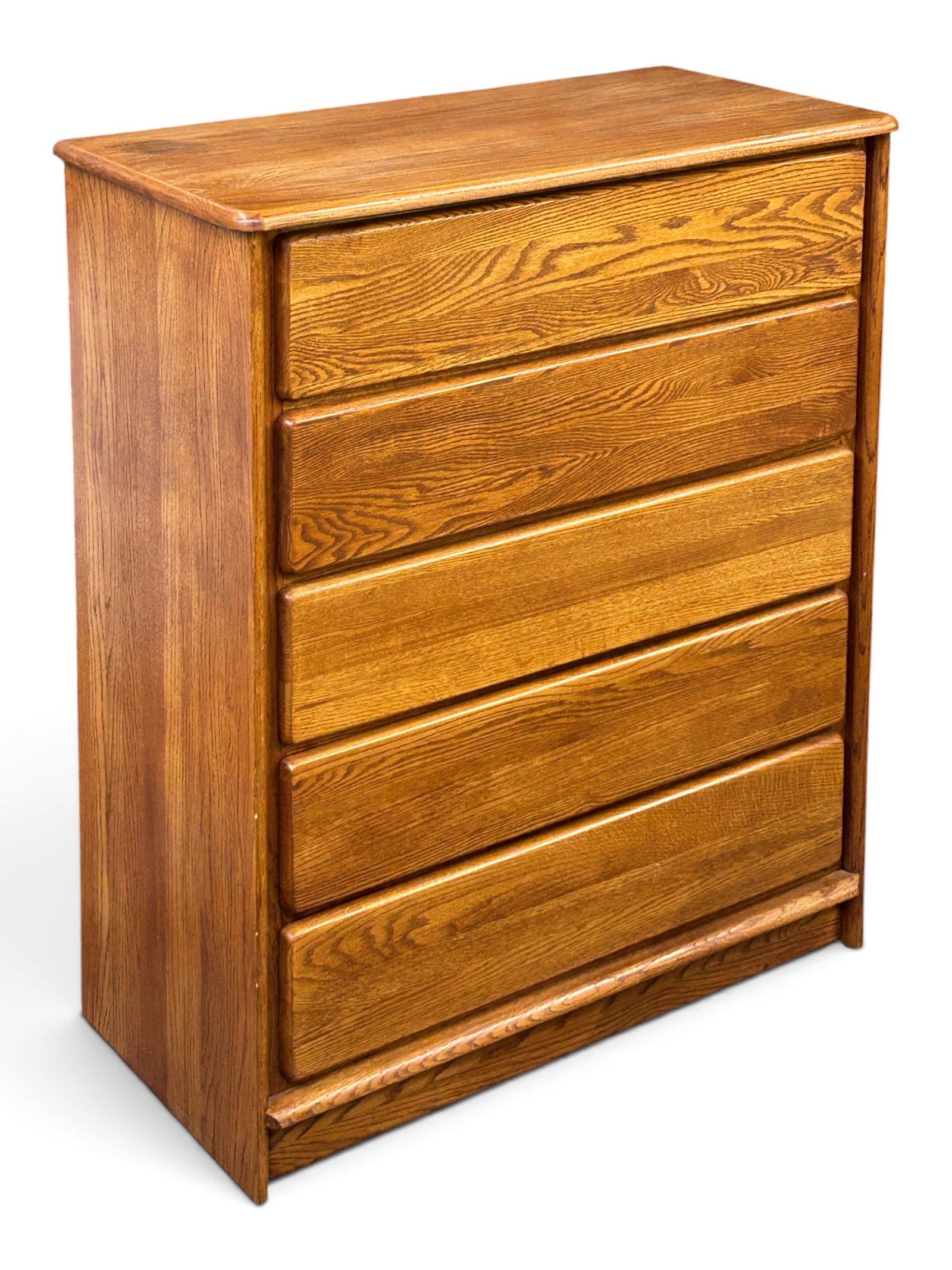 Oak Chest of Drawers - Vargas Furniture.: The chest has five drawers, and has a rich oak veneer. There is a label on the back. Overall, it is in good condition, with minor wear and a stain on the top. It measures 37" wide, 18" deep, and 45" t