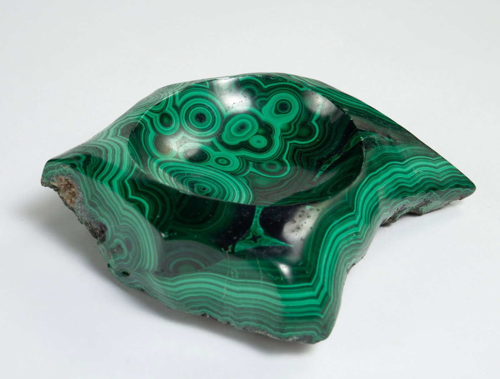 Malachite Slab Trinket Dish, Ashtray, or Bowl.: There are some nicks, but overall, it looks to be in good cosmetic condition. It measures 8 3/8" x 6 5/8" x 2", and weighs approximately 5 pounds. In-house shipping is available. To receive the best s