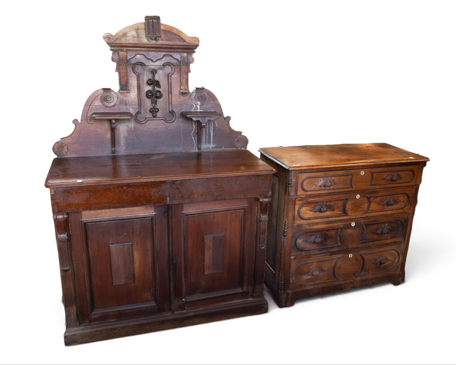 Victorian Buffet and Chest of Drawers, As-Is.: This set includes an antique Victorian buffet or server, as well as a four-drawer chest. The buffet has two drawers and two lower doors with one fixed internal shelf. The back piece has two