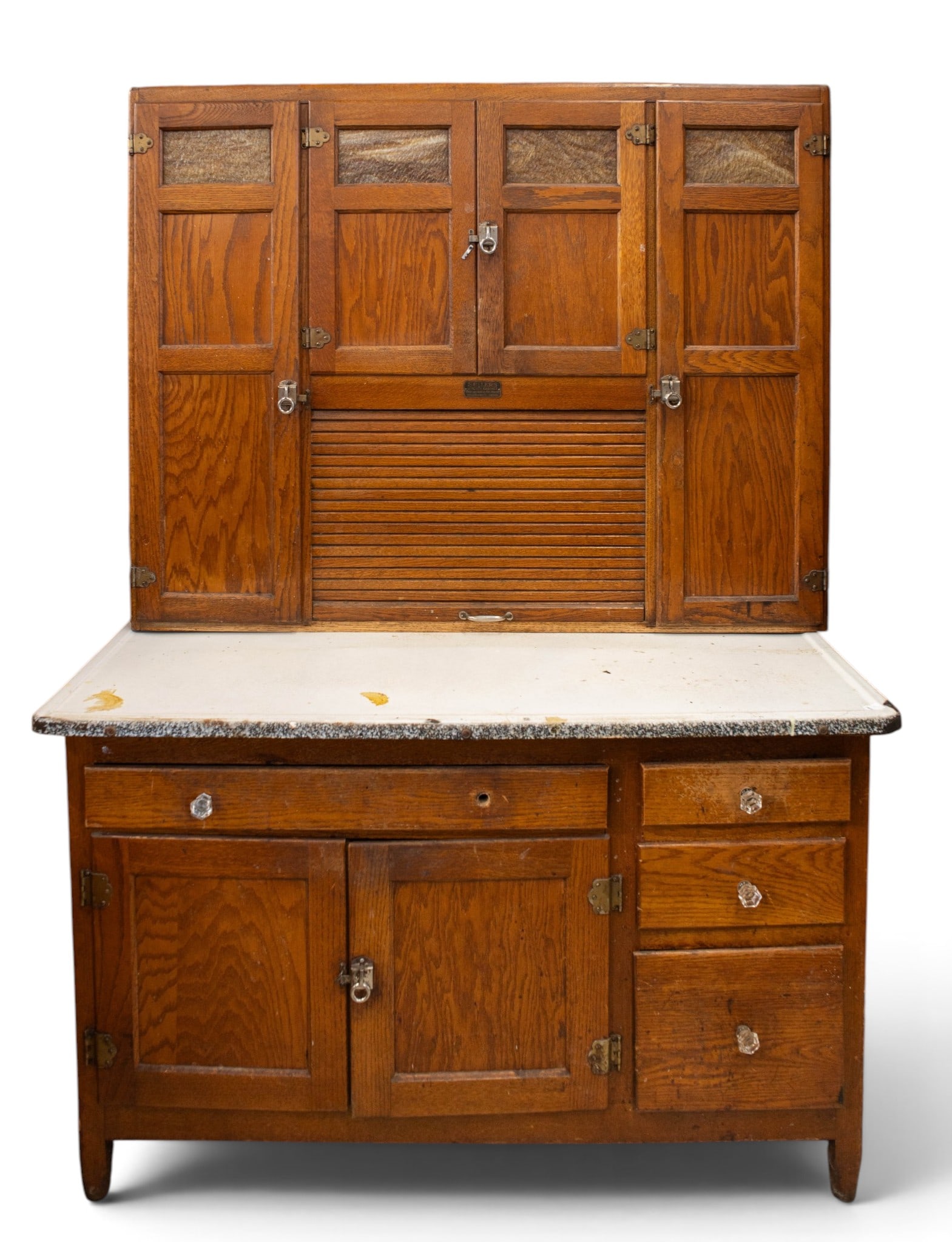 Antique Oak Hoosier Cabinet - Sellers. As-Is.: The cabinet has mold on the inside of the lower doors and drawers. One of the glass knobs needs to be reattached. The enamel top is stained, and has lots of small dings. It measures 48" wide, 27" deep